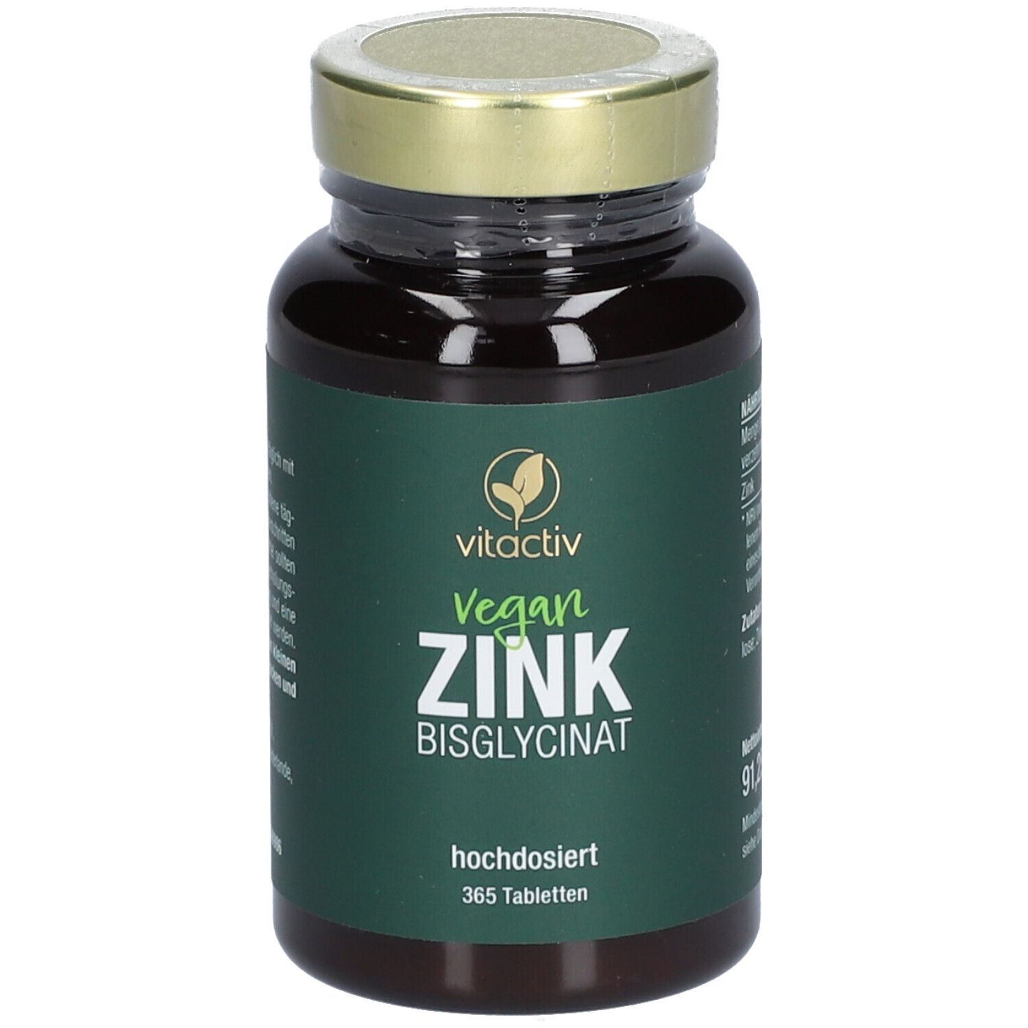 Braune Glasflasche mit goldfarbenem Deckel. Aufschrift: Vitactiv Vegan Zink Bisglycinat, hochdosiert, 365 Tabletten.