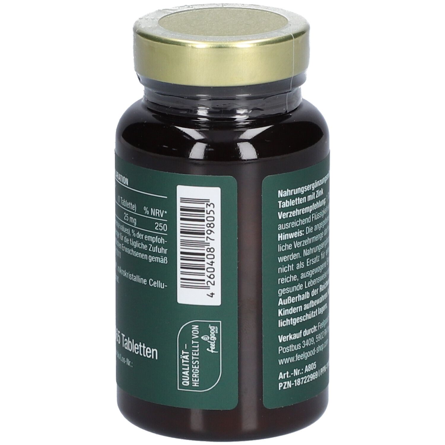 Rückseite der Flasche. Text: Nährwertdeklaration. Zink: 25 mg. Zutaten: mikrokristalline Cellulose, Zinkbisglycinat.