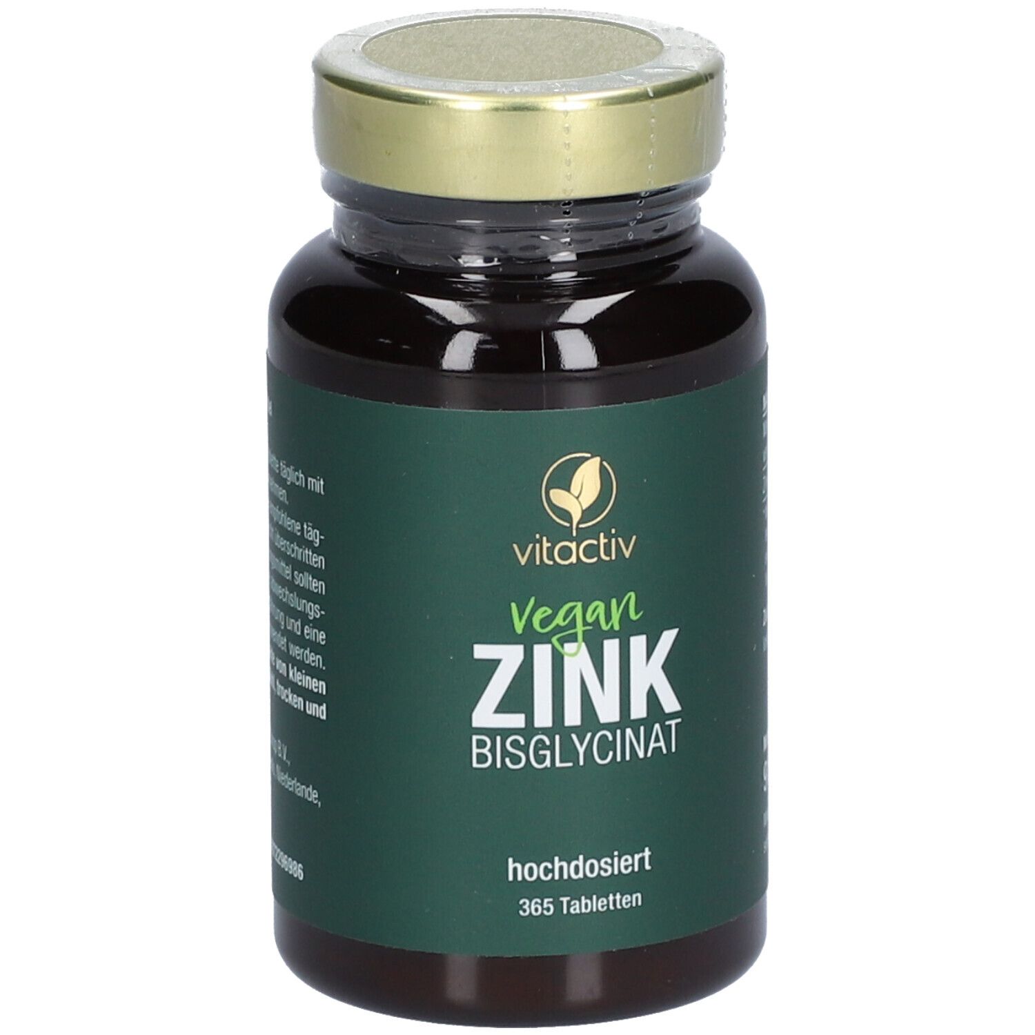 Braune Glasflasche mit goldfarbenem Deckel. Aufschrift: Vitactiv Vegan Zink Bisglycinat, hochdosiert, 365 Tabletten.