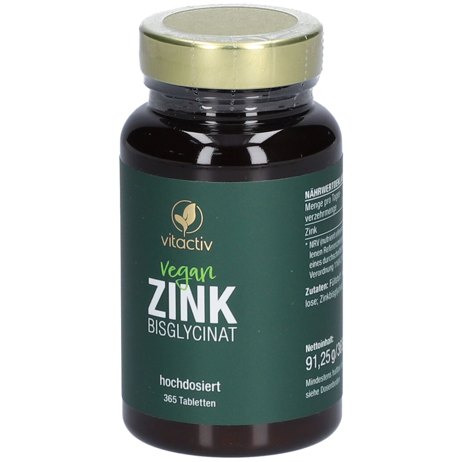 Braune Glasflasche mit goldfarbenem Deckel. Aufschrift: Vitactiv Vegan Zink Bisglycinat, hochdosiert, 365 Tabletten.