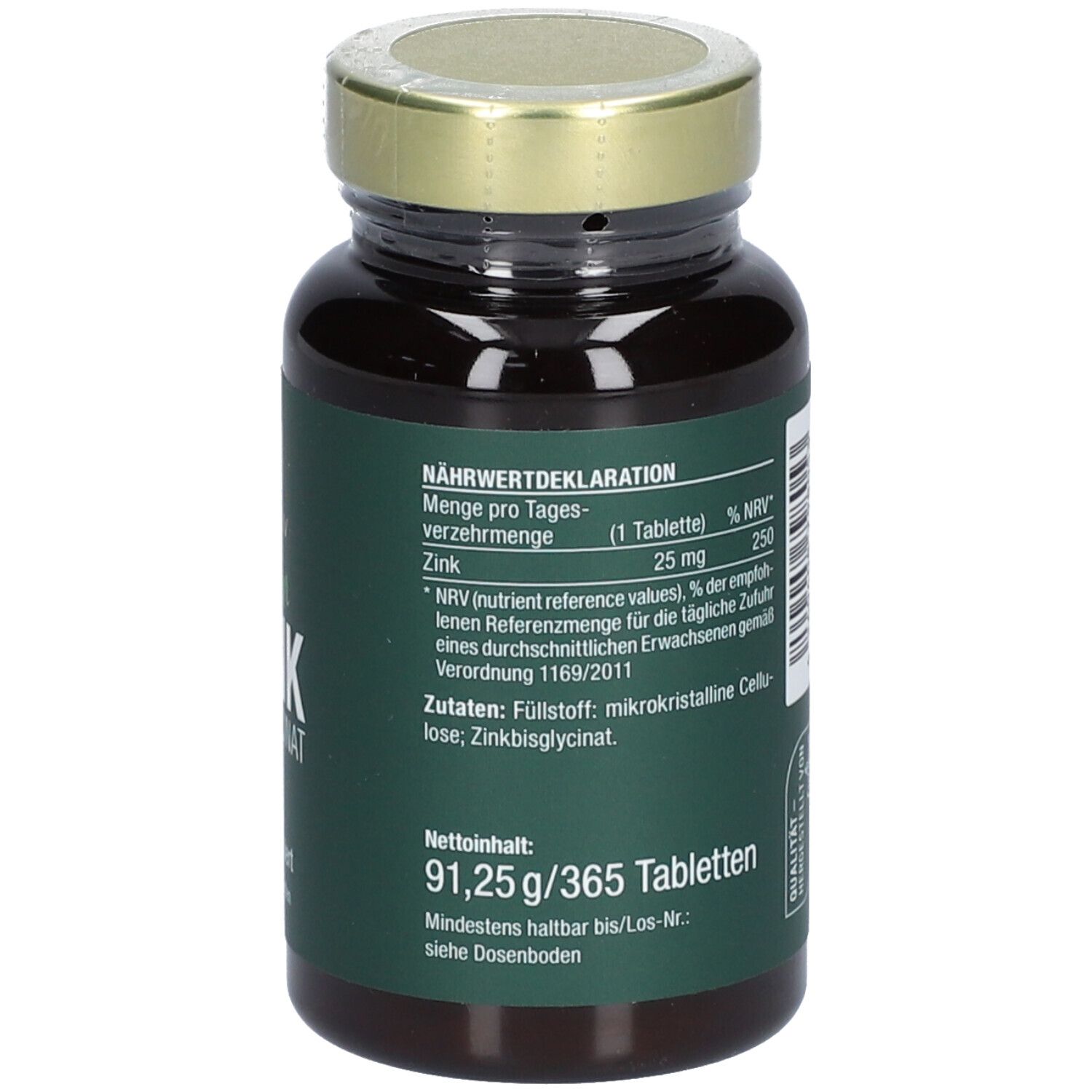 Rückseite der Flasche. Text: Nährwertdeklaration. Zink: 25 mg. Inhalt: 91,25g/365 Tabletten.