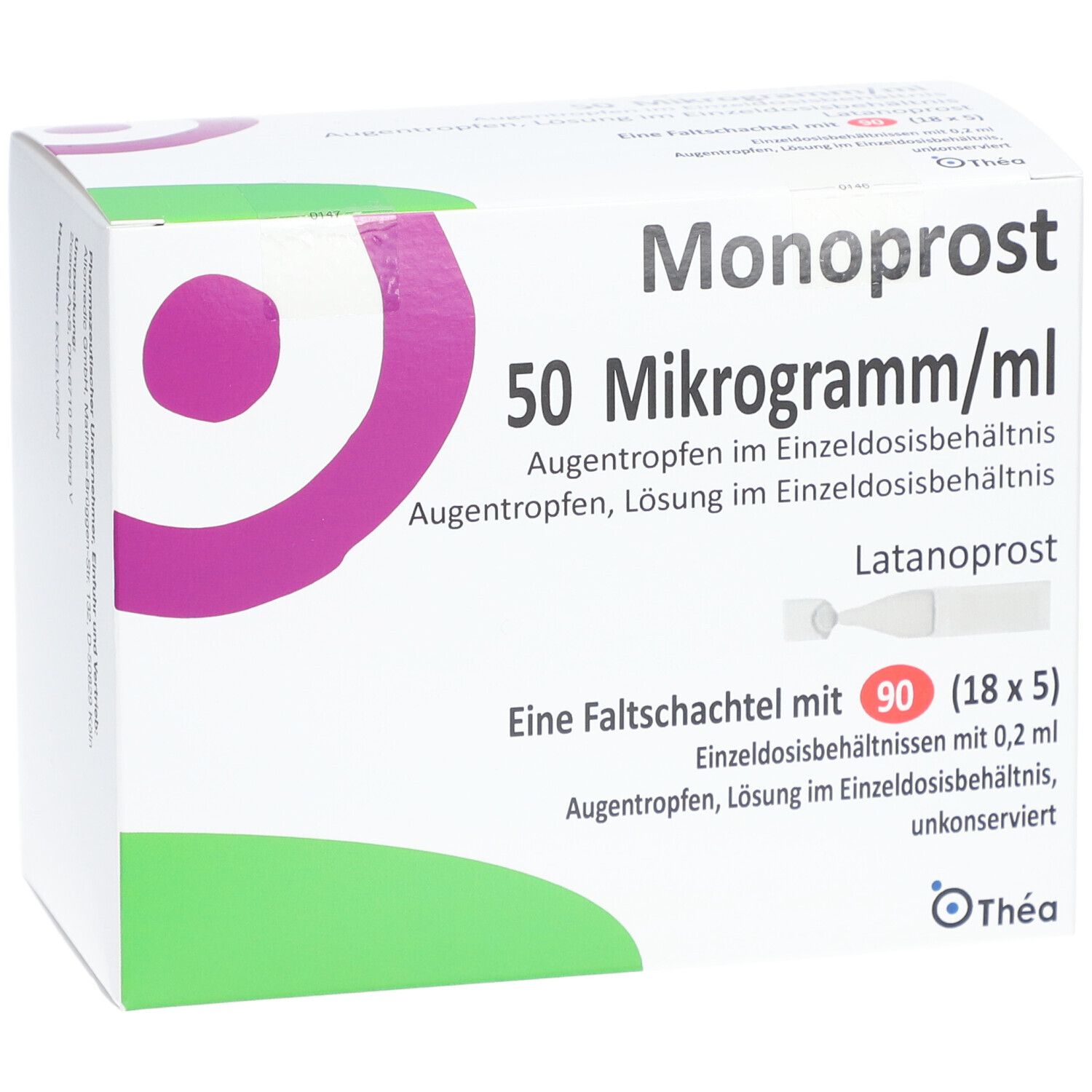 Faltschachtel mit Produktnamen und Dosierung. Enthält 90 Einzeldosisbehältnisse. Aufdrucke: Augentropfen, Latanoprost.