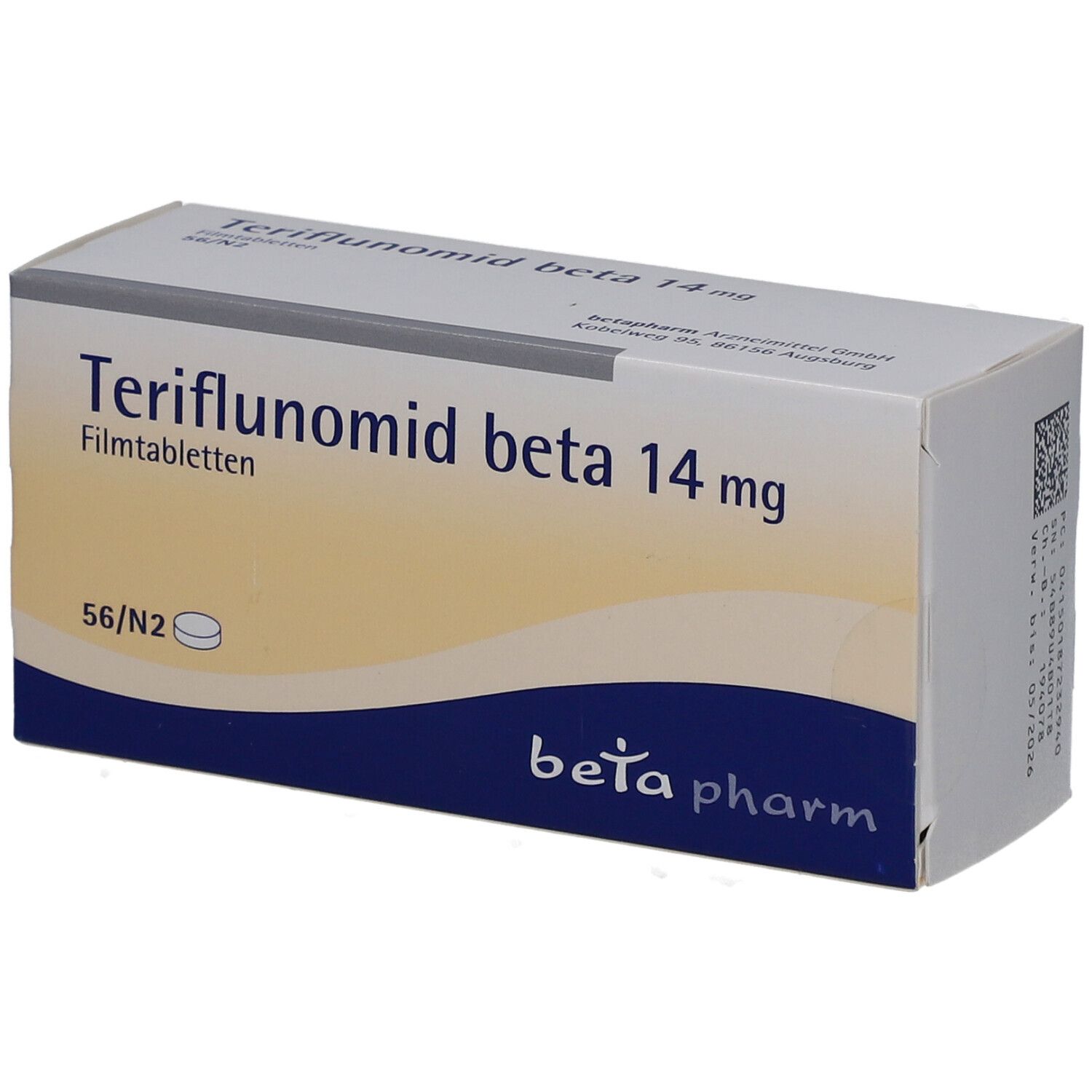 Schachtel mit Teriflunomid beta 14 mg Filmtabletten. Aufschrift: beta pharm. Packung mit 56 Tabletten.