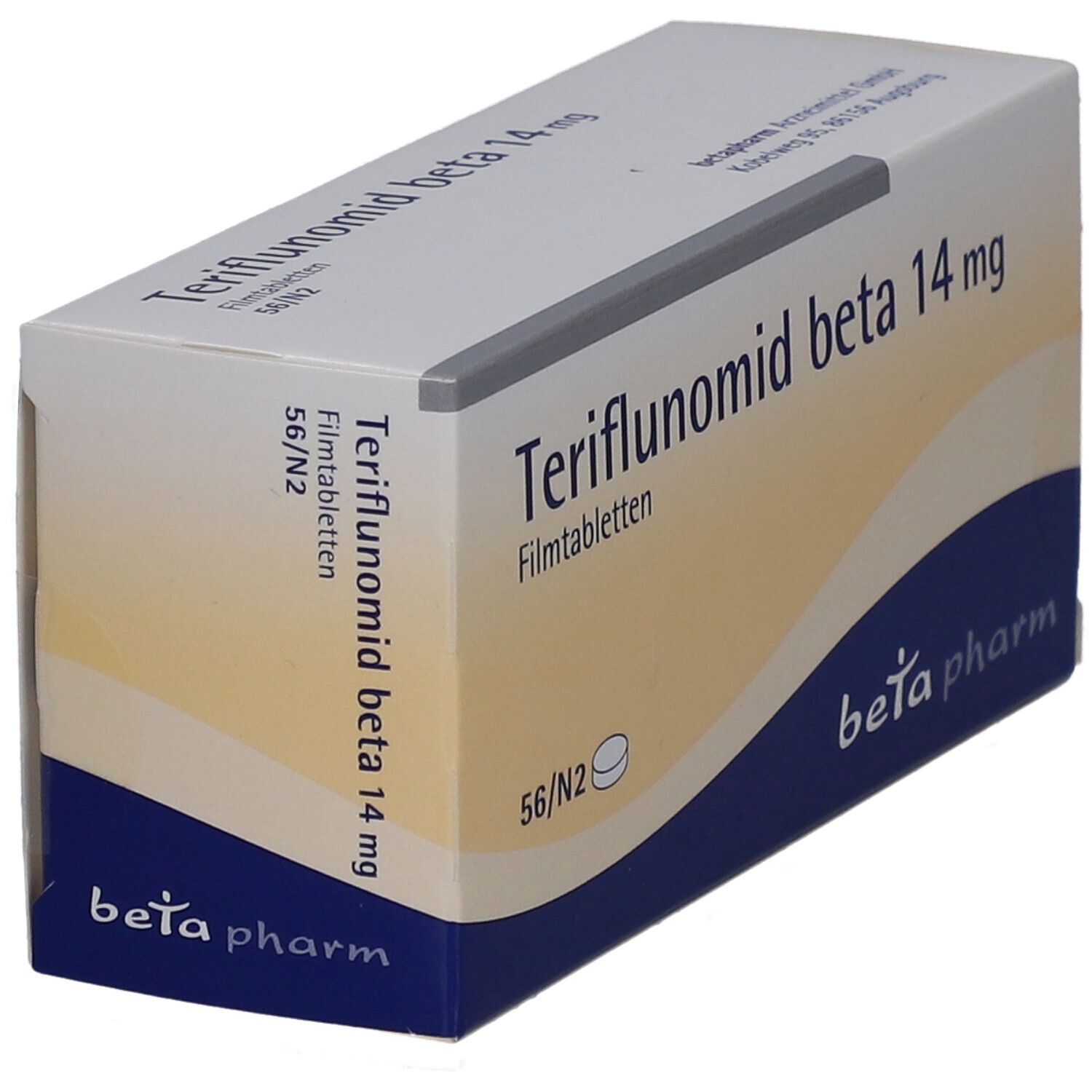 Schachtel mit Teriflunomid beta 14 mg Filmtabletten. Aufschrift: beta pharm. Packung mit 56 Tabletten.