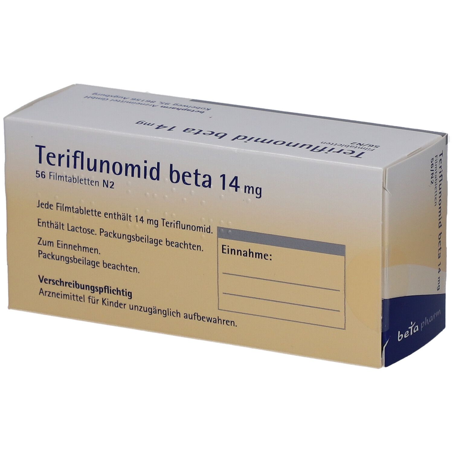 Schachtel mit Teriflunomid beta 14 mg Filmtabletten. Aufschrift: beta pharm. Packung mit 56 Tabletten. Textfeld.