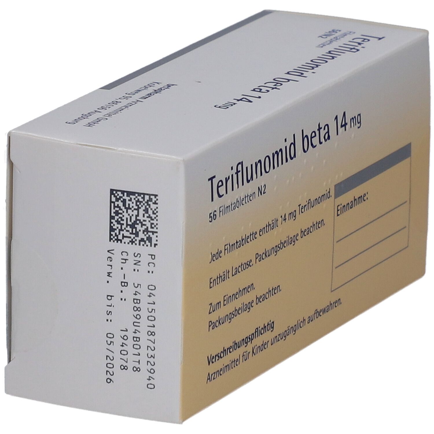 Schachtel mit Teriflunomid beta 14 mg Filmtabletten. Aufschrift: beta pharm. Packung mit 56 Tabletten. Barcode.