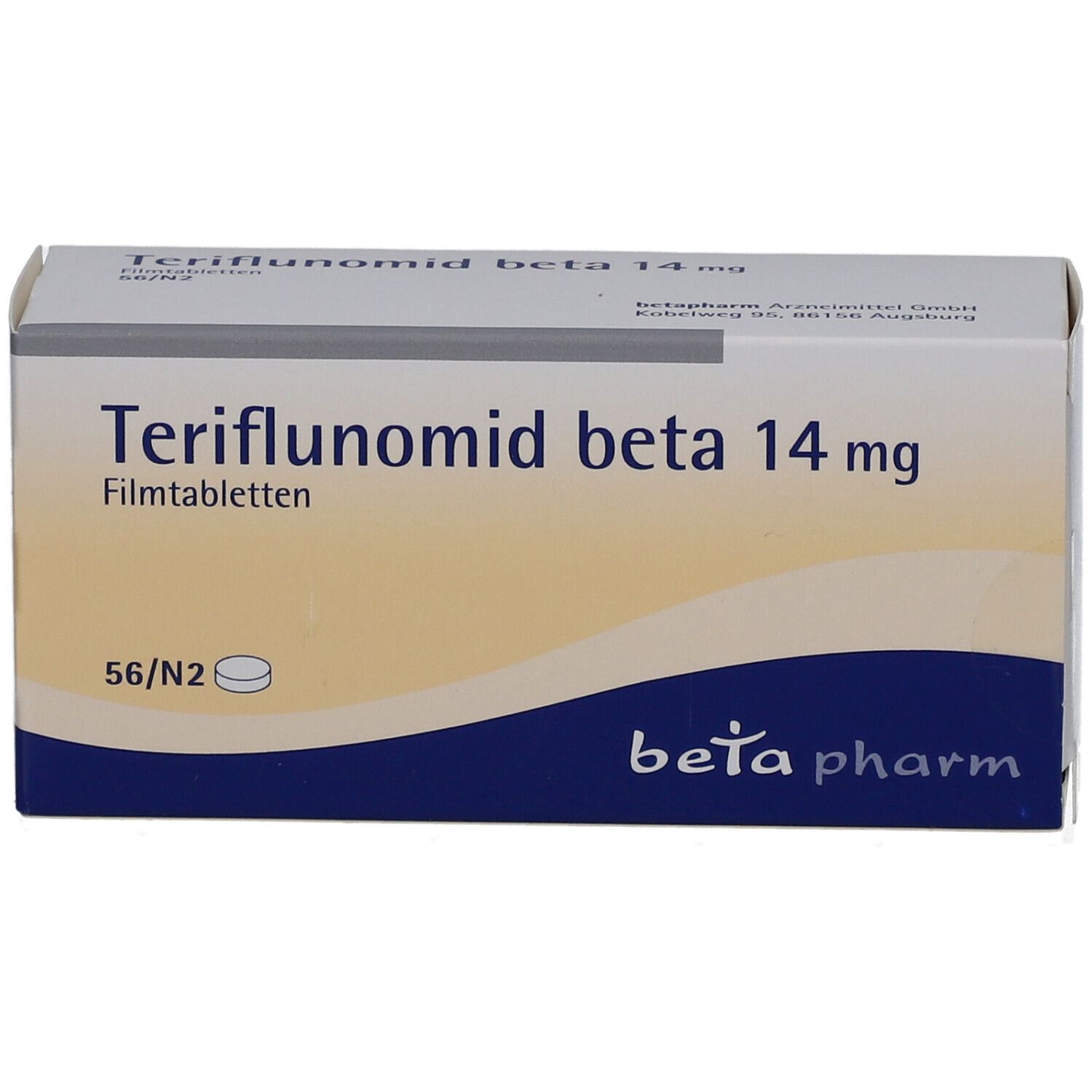 Schachtel mit Teriflunomid beta 14 mg Filmtabletten. Aufschrift: beta pharm. Packung mit 56 Tabletten.