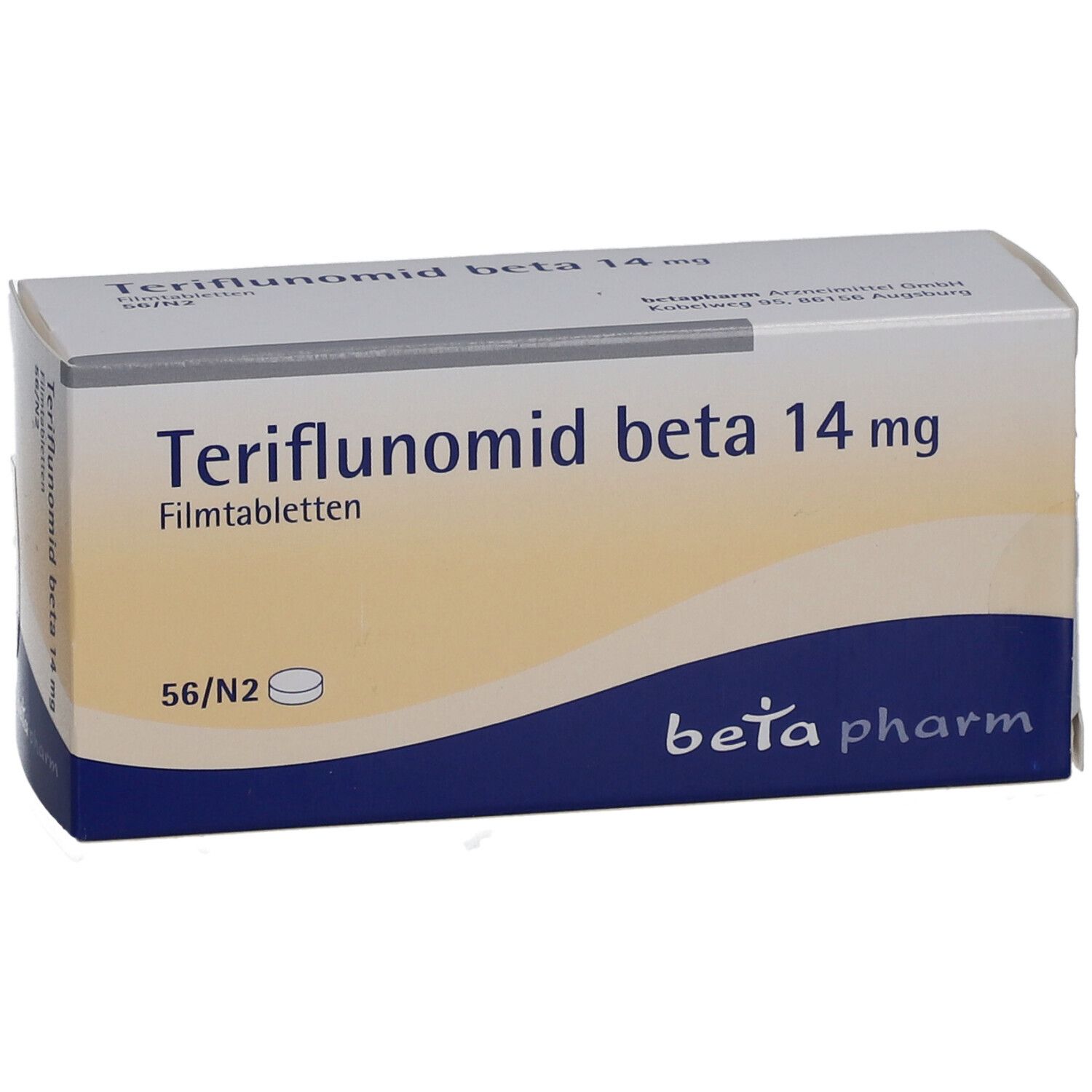 Schachtel mit Teriflunomid beta 14 mg Filmtabletten. Aufschrift: beta pharm. Packung mit 56 Tabletten.