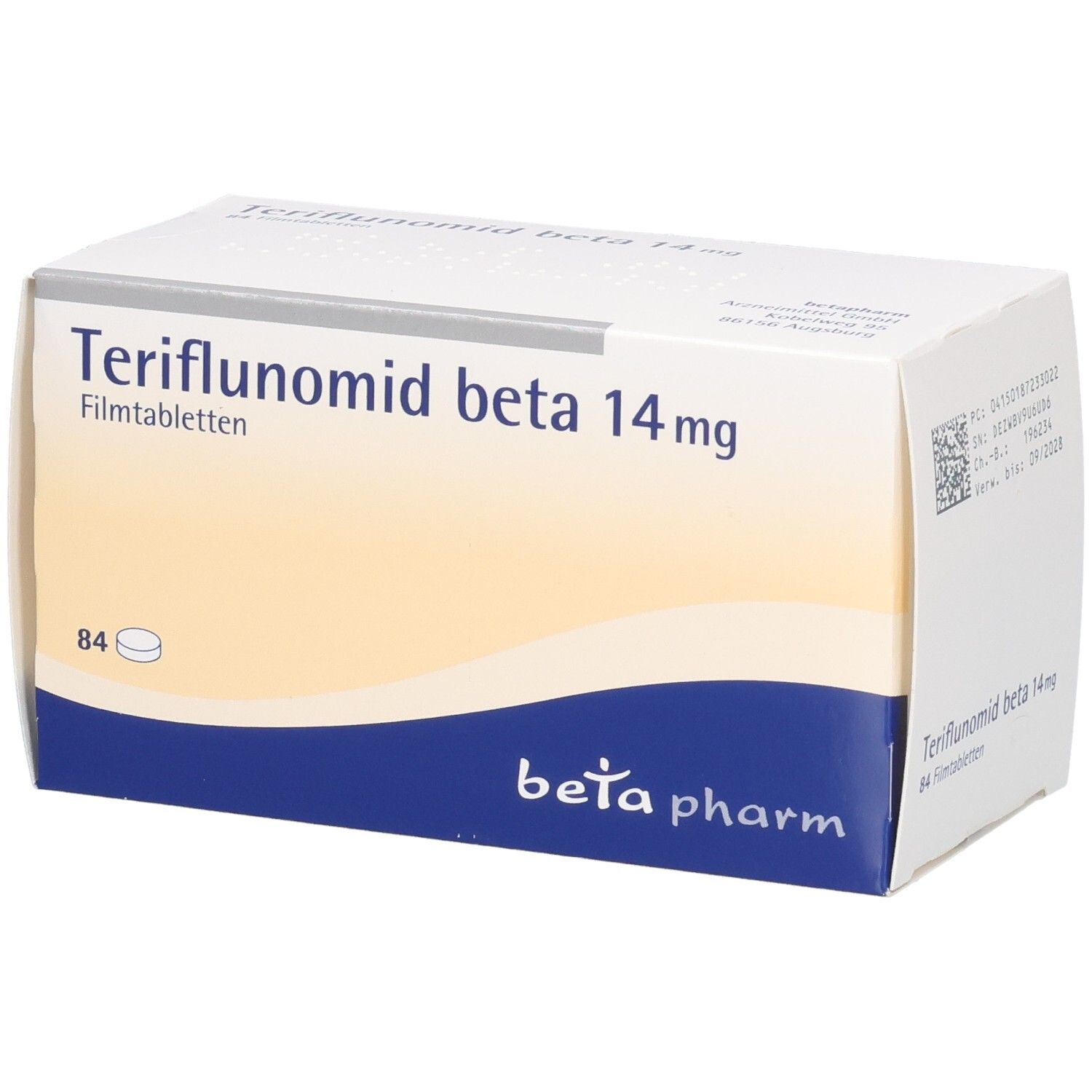 Weiße Faltschachtel mit Aufschrift Teriflunomid beta 14mg Filmtabletten. Enthält 84 Tabletten. Logo beta pharm.