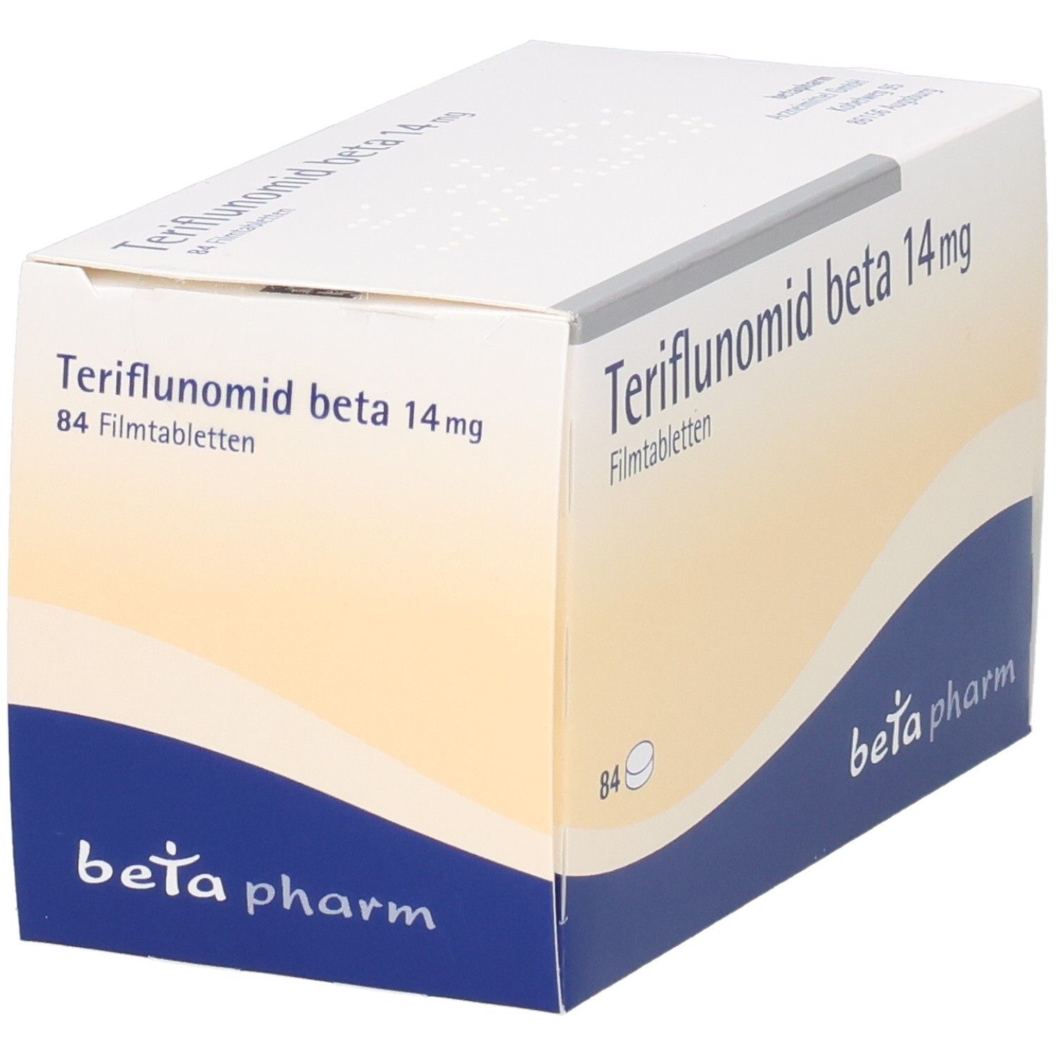 Weiße Faltschachtel mit Teriflunomid beta 14mg Filmtabletten. Enthält 84 Tabletten. Logo beta pharm. Schachtel schräg.