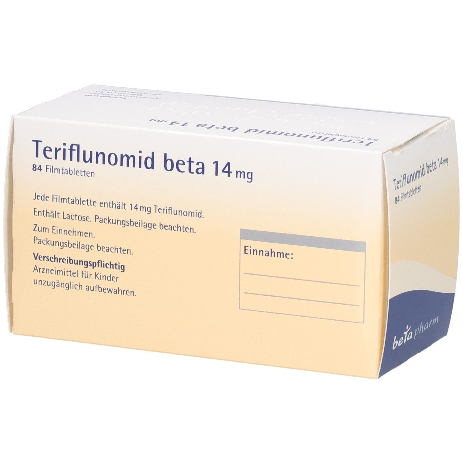 Rückseite der weißen Faltschachtel mit Teriflunomid beta 14mg. Text: Enthält 84 Filmtabletten. Angaben zur Einnahme.