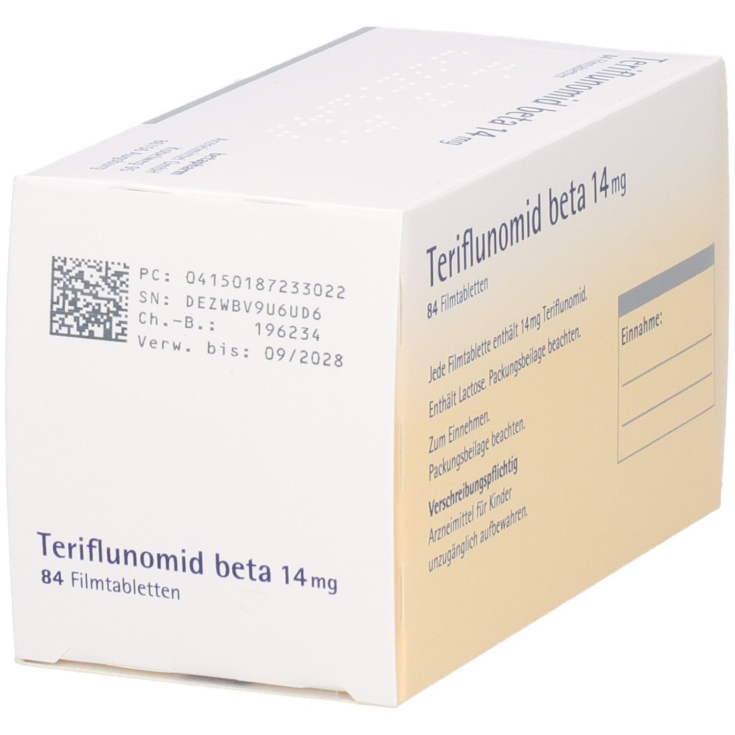 Rückseite der weißen Faltschachtel mit Teriflunomid beta 14mg. Enthält 84 Filmtabletten. Chargennummer und Verfallsdatum.