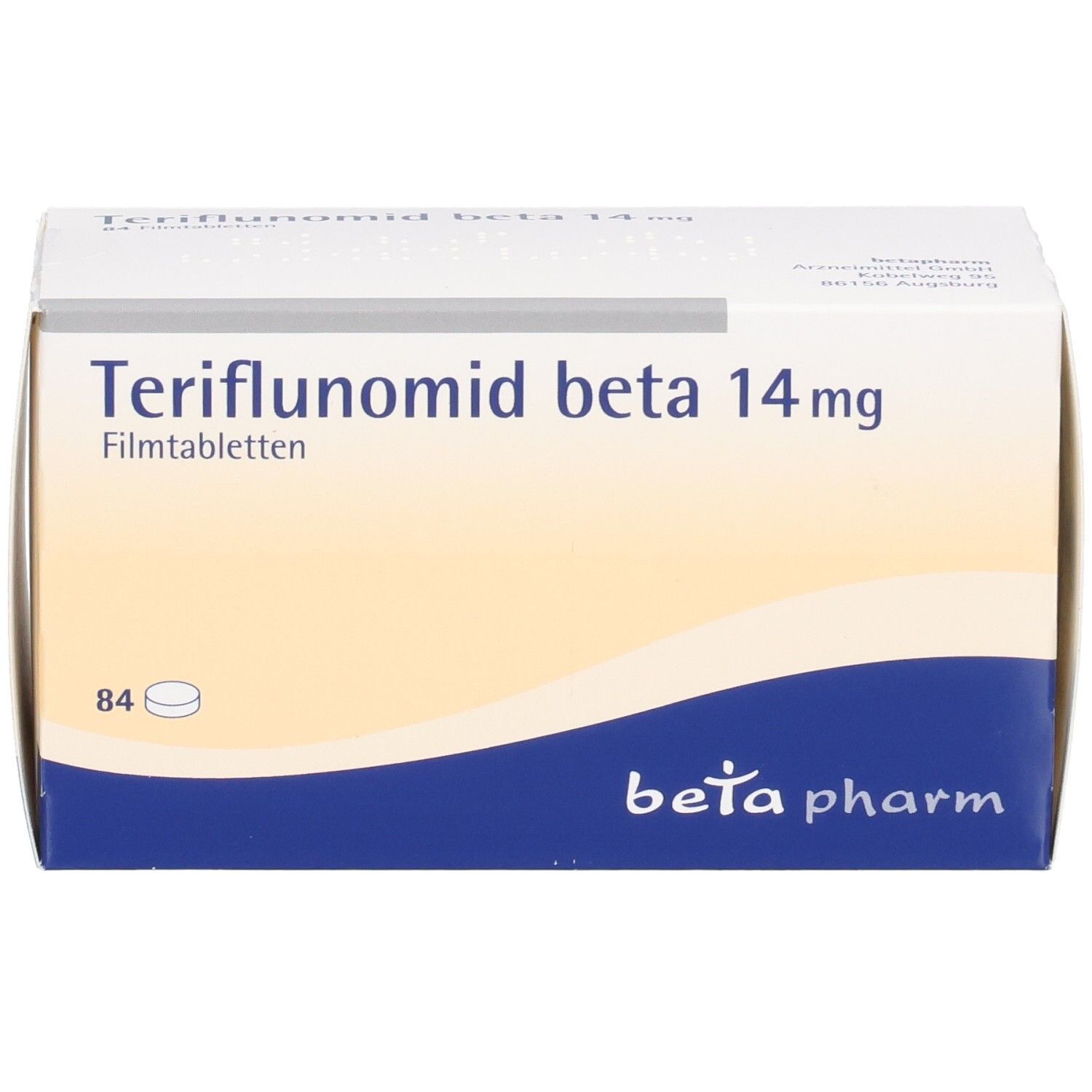 Weiße Faltschachtel mit Teriflunomid beta 14mg Filmtabletten. Enthält 84 Tabletten. Logo beta pharm. Blaue Akzente.
