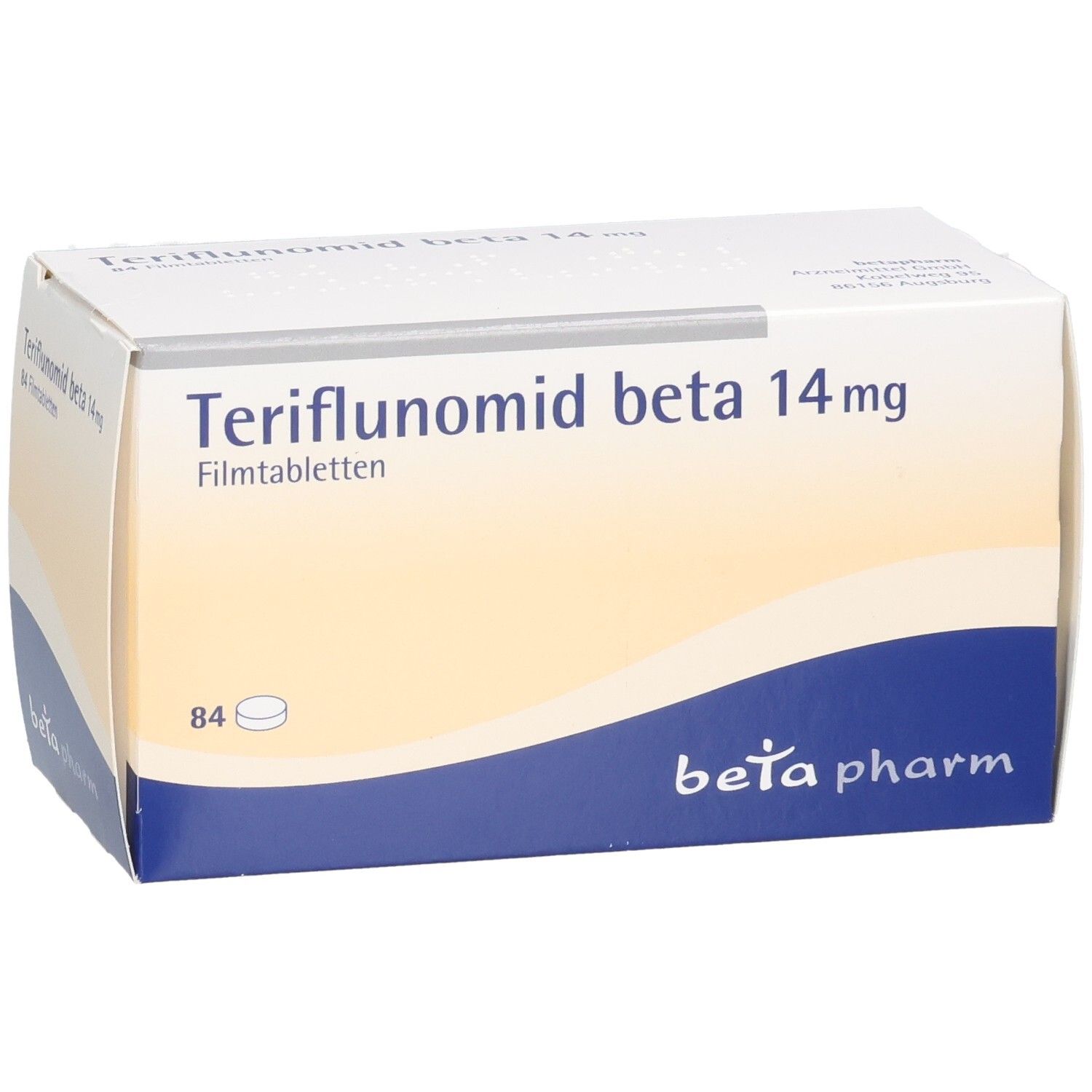 Weiße Faltschachtel mit Teriflunomid beta 14mg Filmtabletten. Enthält 84 Tabletten. Logo beta pharm. Blaue Akzente.