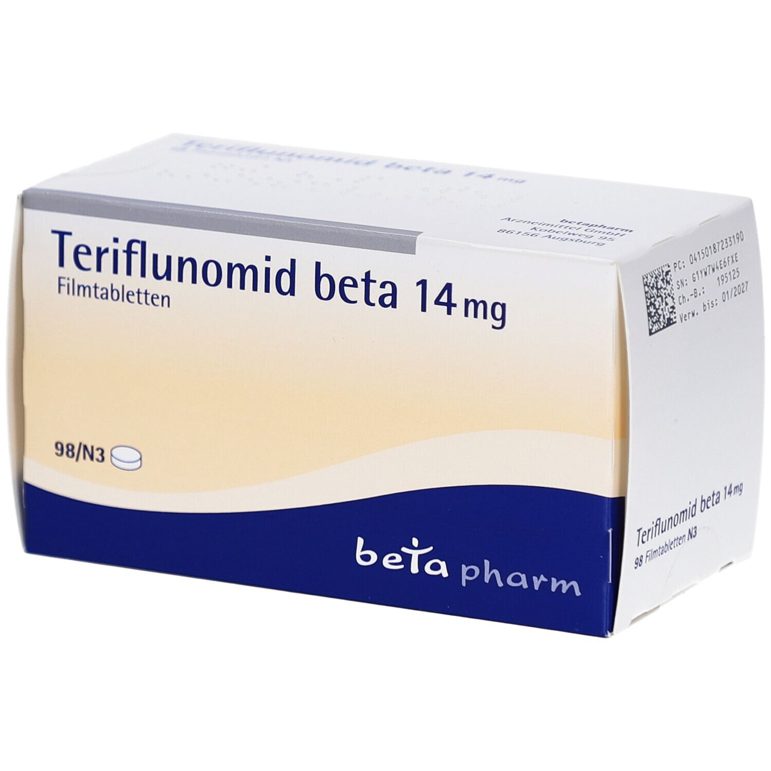 Arzneimittelpackung mit der Aufschrift Teriflunomid beta 14mg Filmtabletten. Blaue und weiße Verpackung mit Logo.