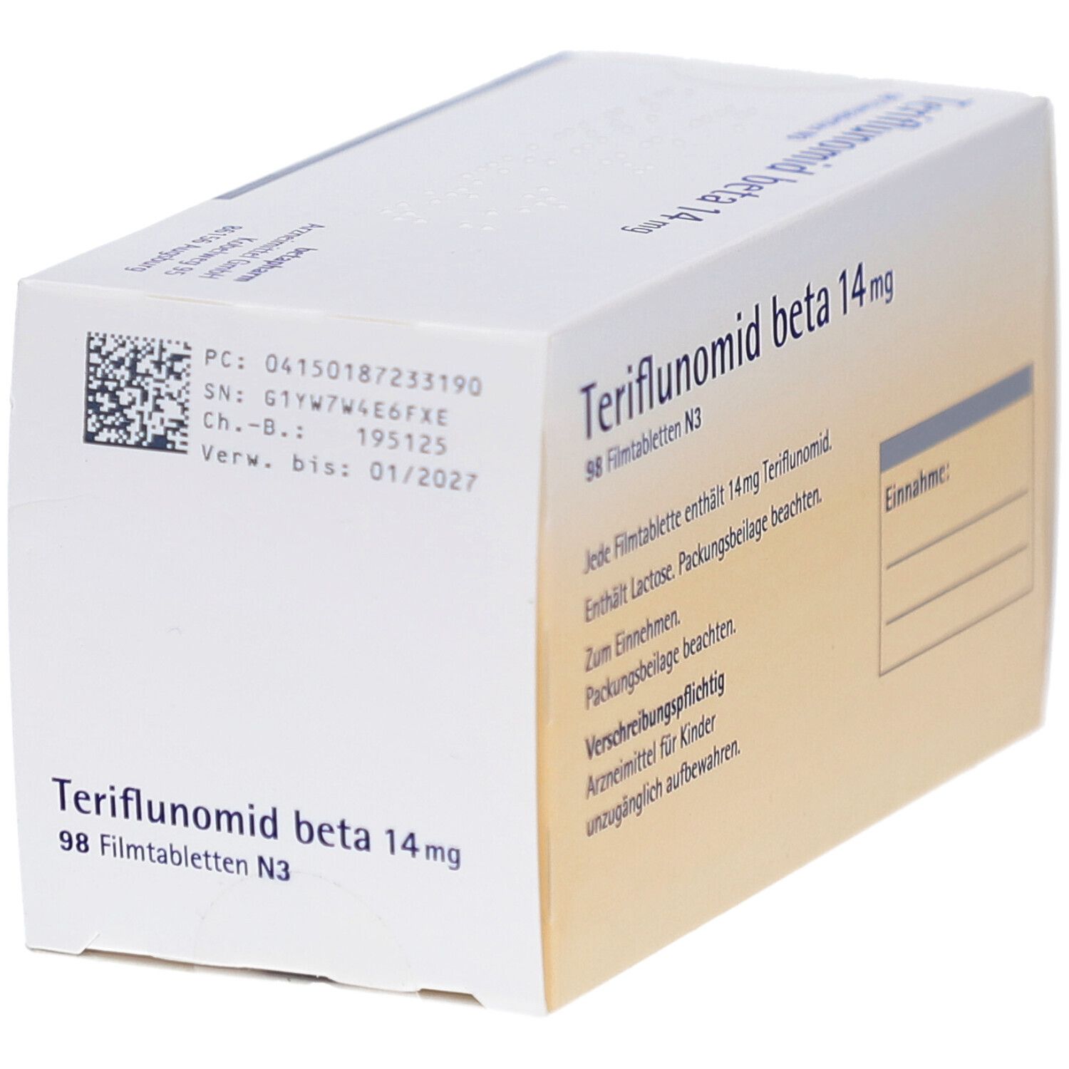 Arzneimittelpackung mit Text und Barcode. Enthält Informationen zu Inhaltsstoffen und Anwendung. Weiße Verpackung.