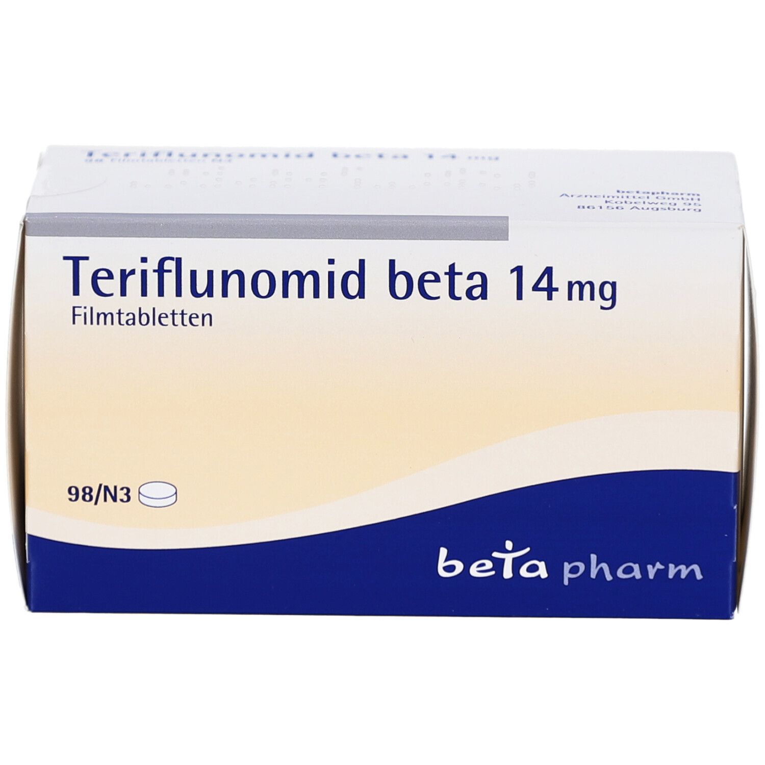Arzneimittelpackung mit der Aufschrift Teriflunomid beta 14mg Filmtabletten. Blaue und weiße Verpackung mit Logo.