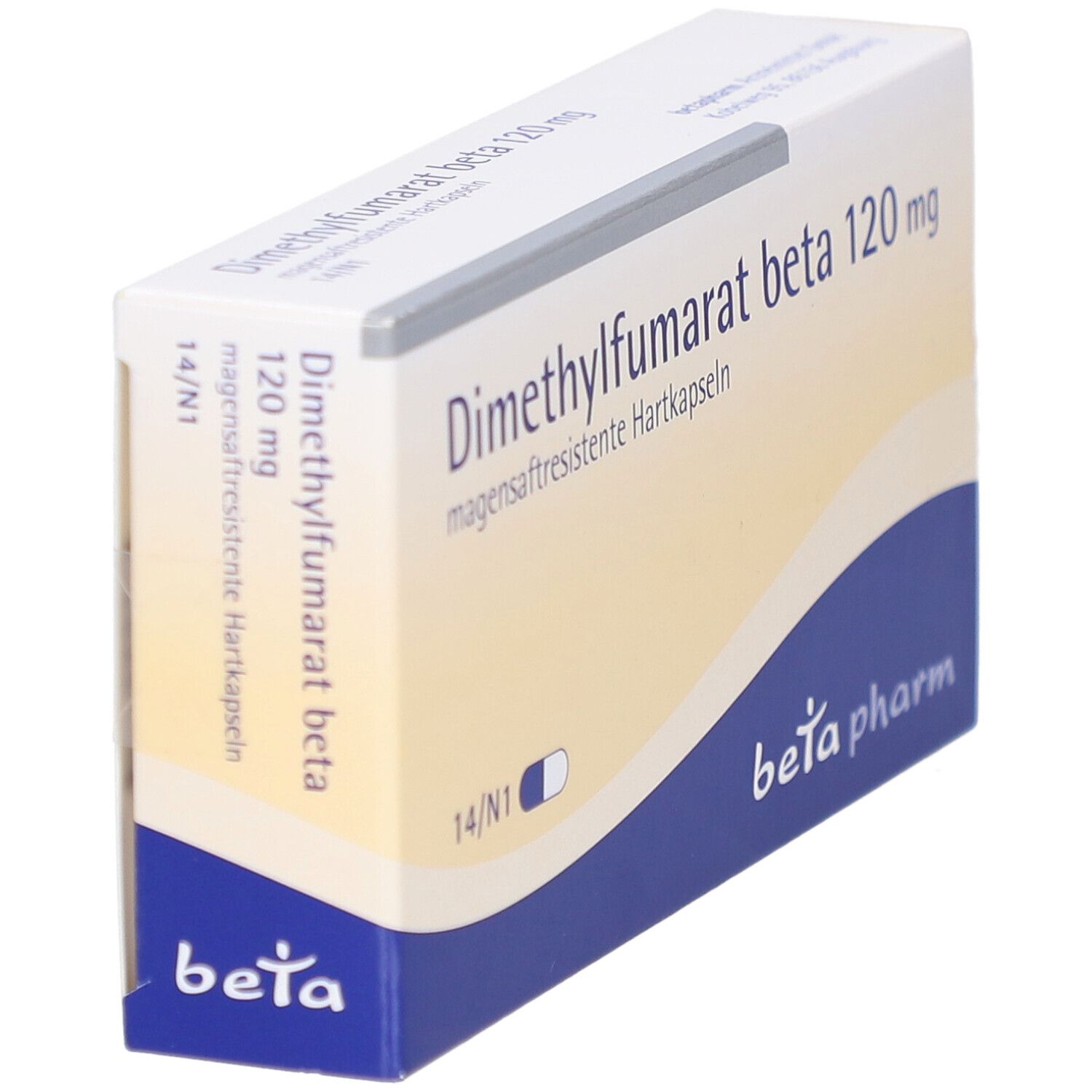 Schachtel 'Dimethylfumarat beta 120 mg'. Blaue und weiße Verpackung. Marke: beta pharm. Perspektivische Ansicht.