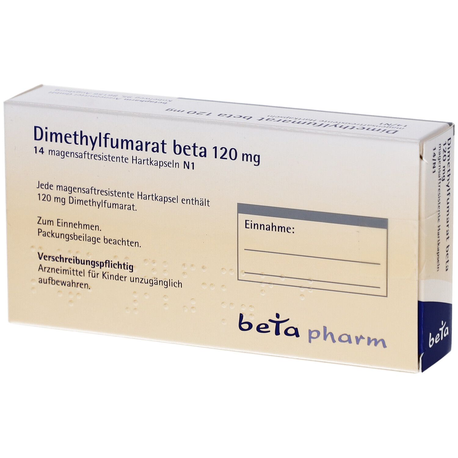 Schachtel 'Dimethylfumarat beta 120 mg'. Text mit Dosierung und Einnahmehinweisen. Marke: beta pharm.