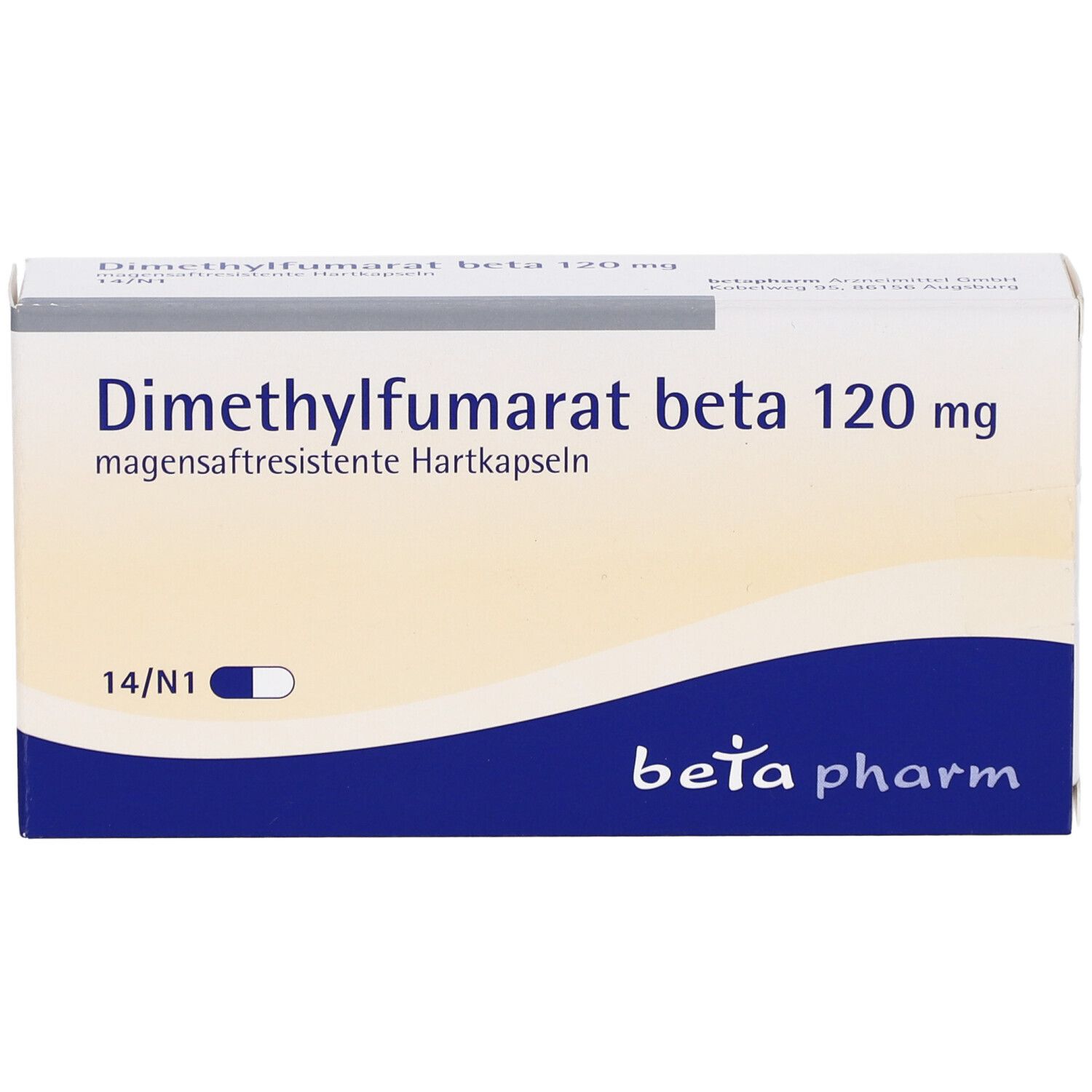 Schachtel 'Dimethylfumarat beta 120 mg'. Blaue und weiße Verpackung. Marke: beta pharm. Perspektivische Ansicht.