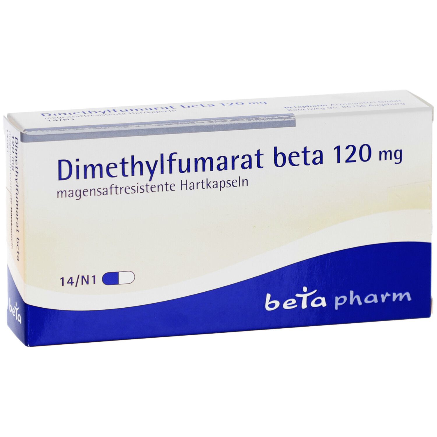 Schachtel 'Dimethylfumarat beta 120 mg'. Blaue und weiße Verpackung. Marke: beta pharm. Perspektivische Ansicht.