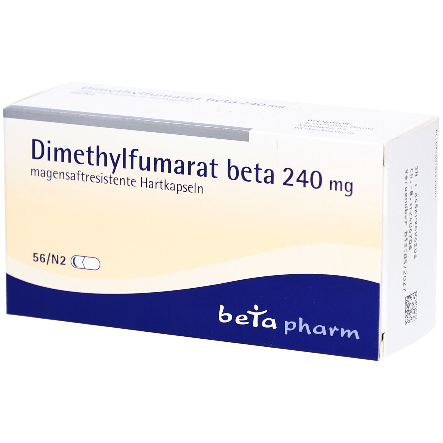 Weißer Karton mit blauer und grauer Schrift. Beschriftung: Dimethylfumarat beta 240 mg. Marke: beta pharm.