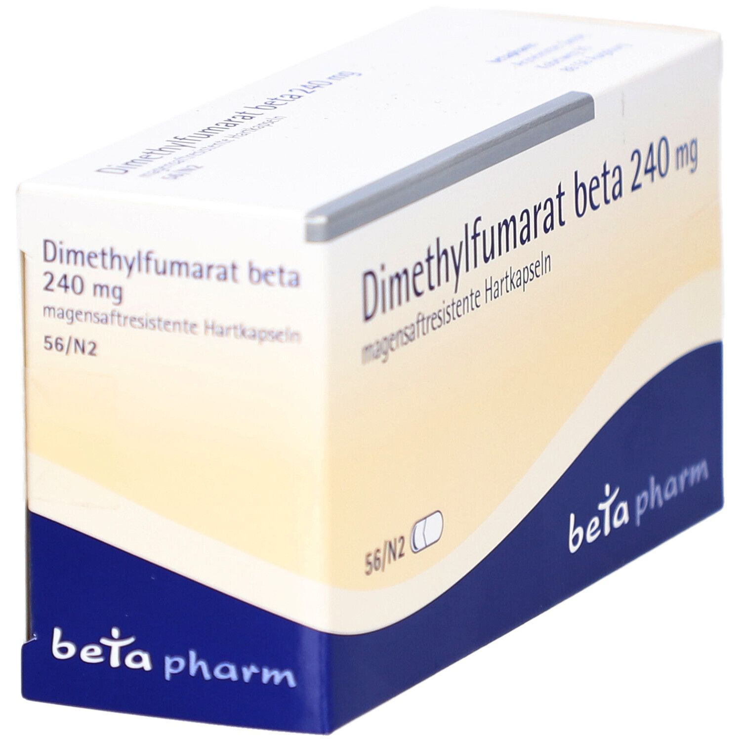 Schräg gestellte weiße Schachtel mit blauer und grauer Schrift. Beschriftung: Dimethylfumarat beta 240 mg. Marke: beta pharm.