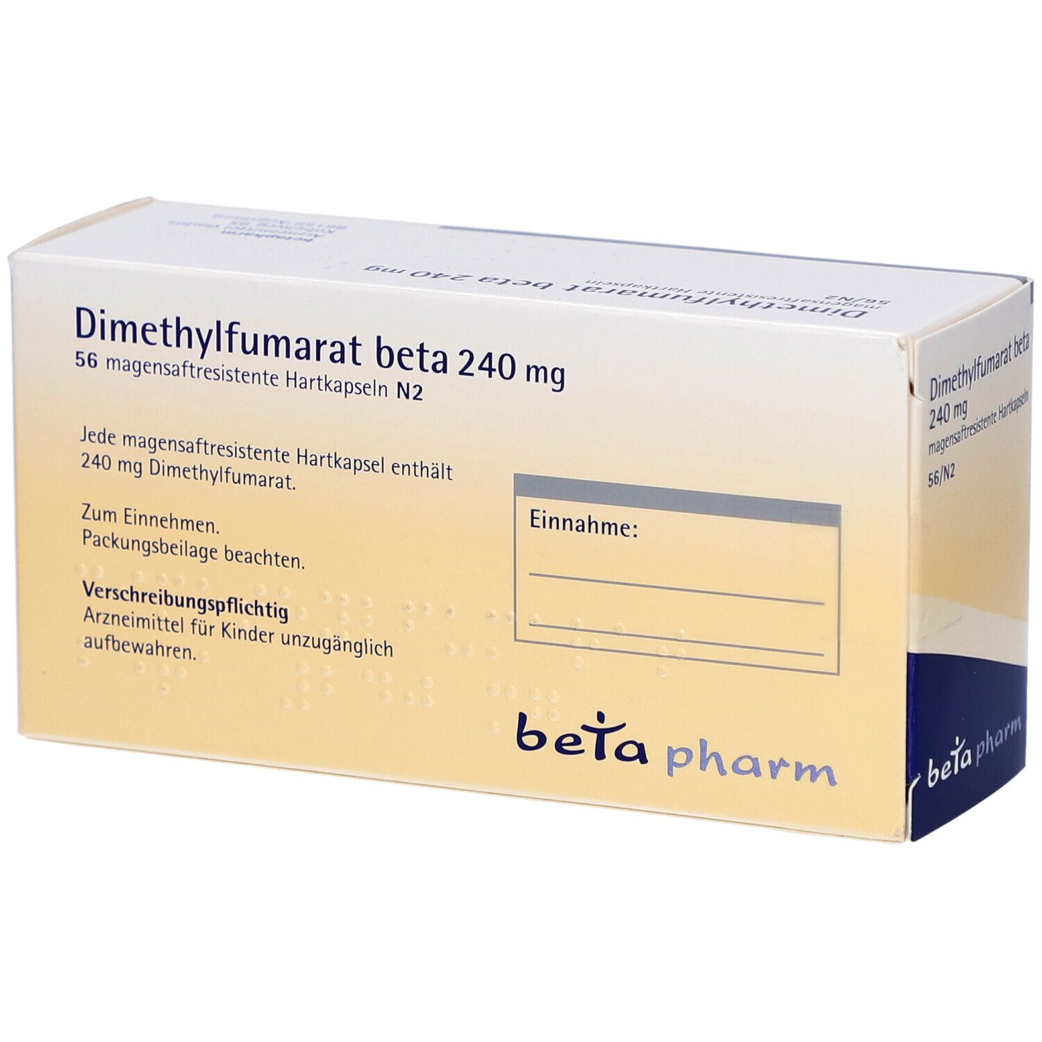 Weiße Schachtel mit blauer und grauer Schrift. Beschriftung: Dimethylfumarat beta 240 mg. Textfeld. Marke: beta pharm.