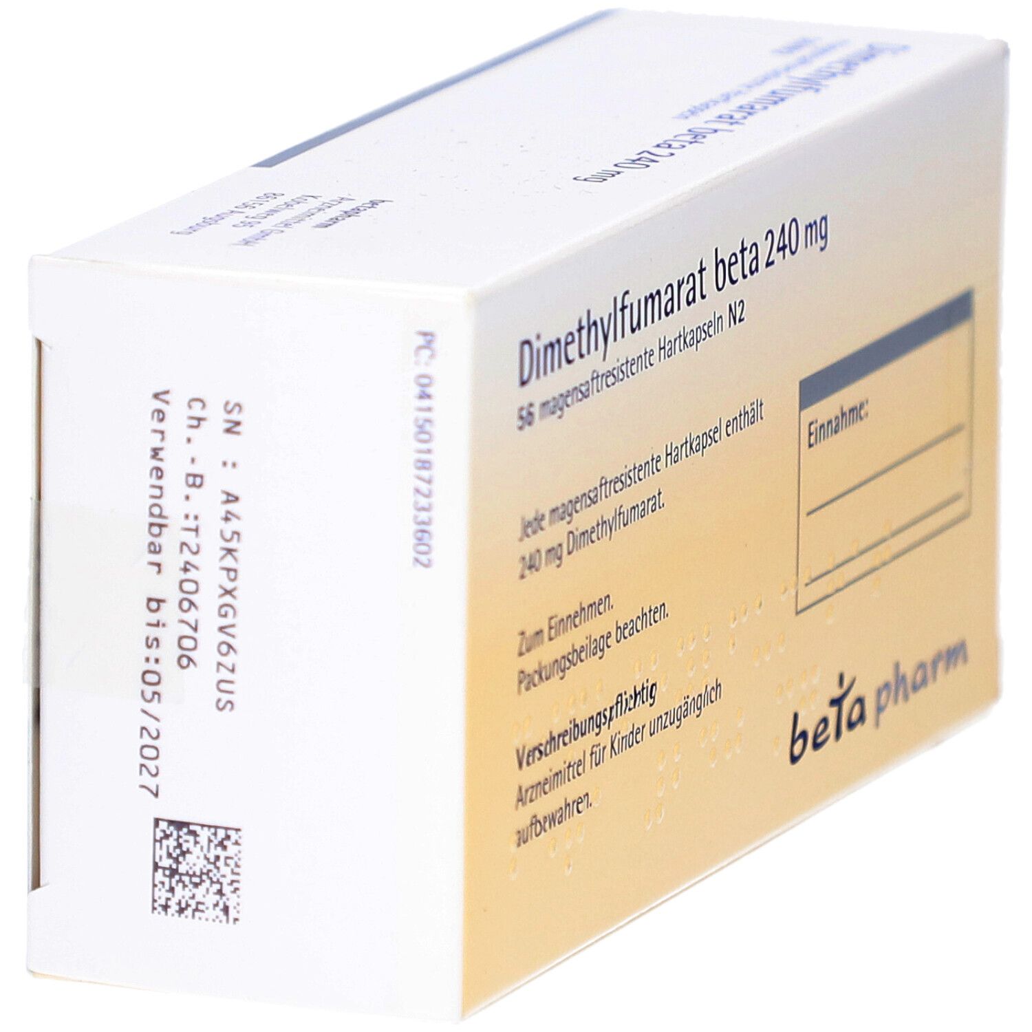 Weiße Schachtel mit blauer und grauer Schrift. Beschriftung: Dimethylfumarat beta 240 mg. Textfeld. Marke: beta pharm.