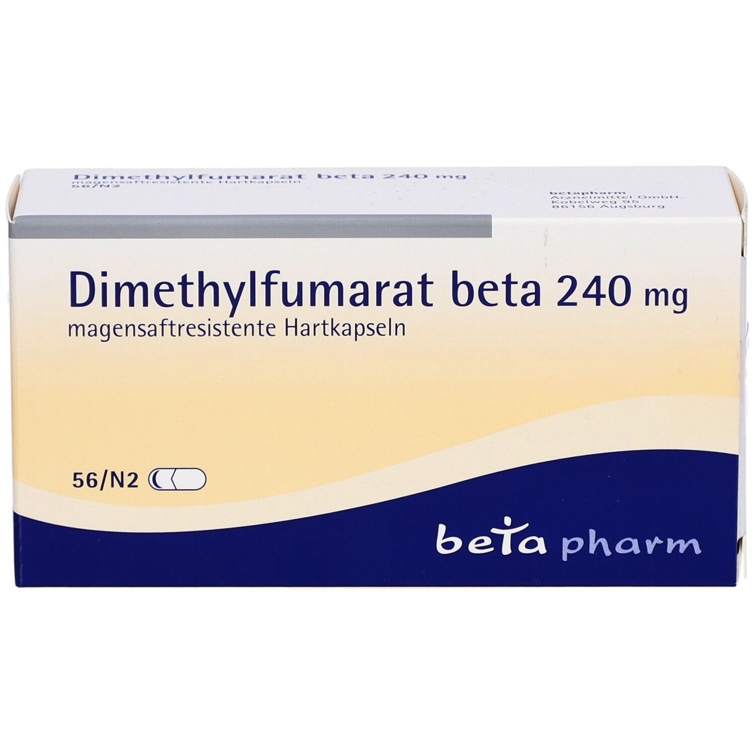 Weiße Schachtel mit blauer Schrift. Beschriftung: Dimethylfumarat beta 240 mg. Marke: beta pharm.