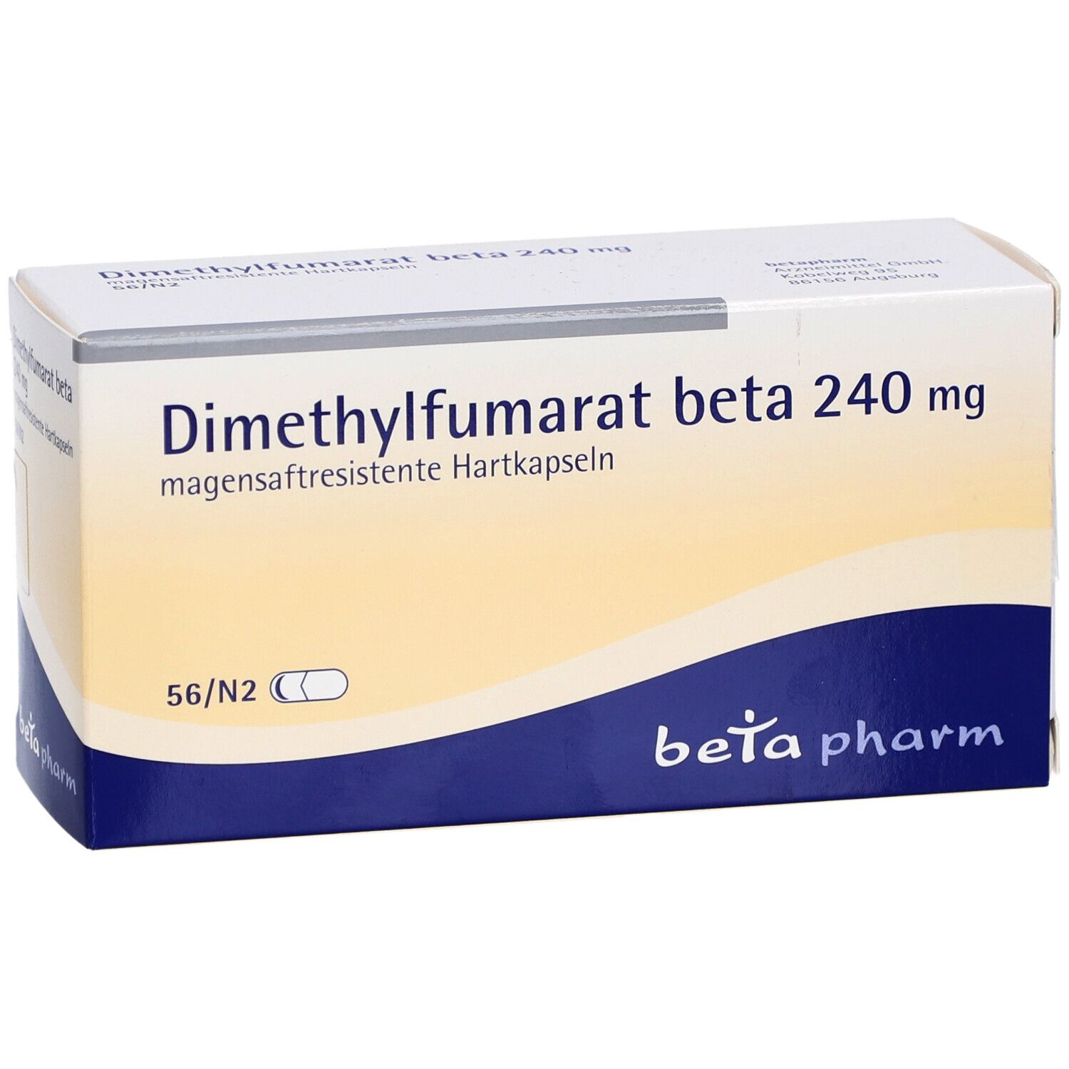 Weiße Schachtel mit blauer Schrift. Beschriftung: Dimethylfumarat beta 240 mg. Marke: beta pharm.