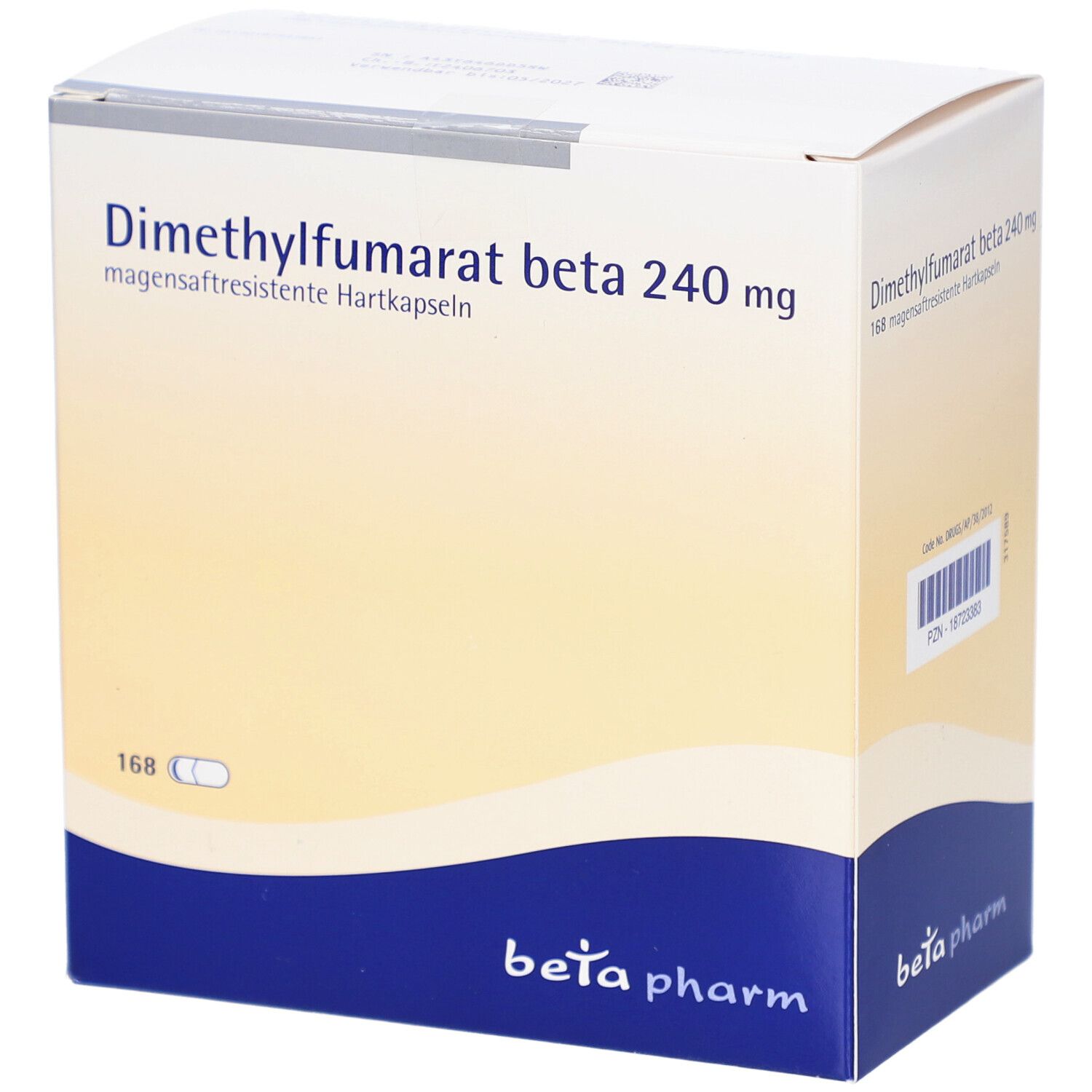 Weißer Karton mit Aufschrift: Dimethylfumarat beta 240 mg. Marke: beta pharm. 168 Hartkapseln.