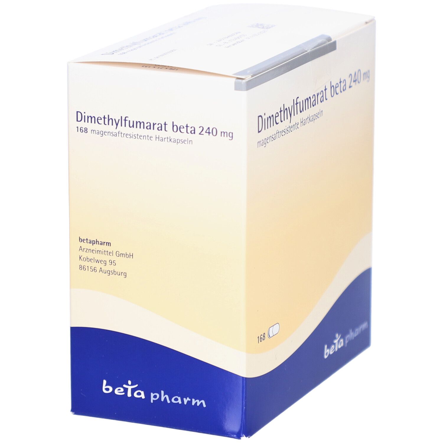 Weißer Karton mit Aufschrift: Dimethylfumarat beta 240 mg. Marke: beta pharm. 168 Hartkapseln.