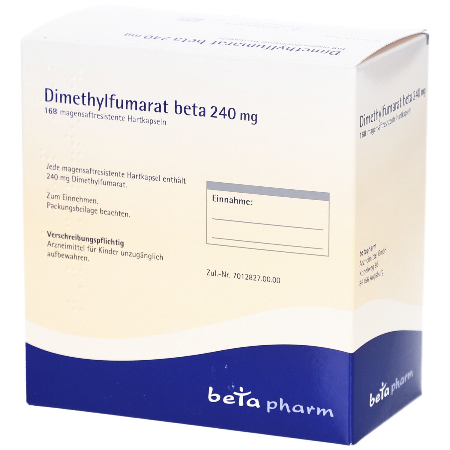 Weißer Karton mit Aufschrift: Dimethylfumarat beta 240 mg. Marke: beta pharm. Textfeld für Einnahme.