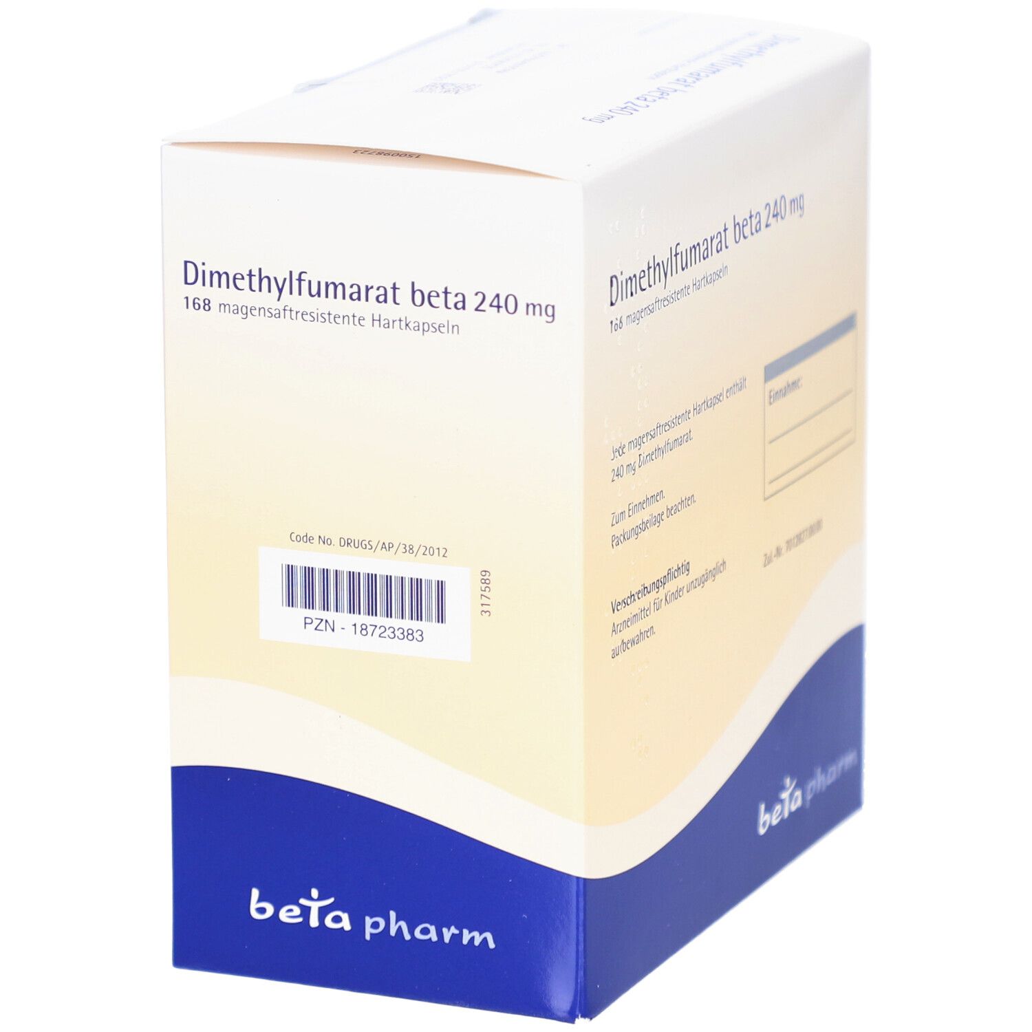 Weißer Karton mit Aufschrift: Dimethylfumarat beta 240 mg. Marke: beta pharm. PZN-18723383.