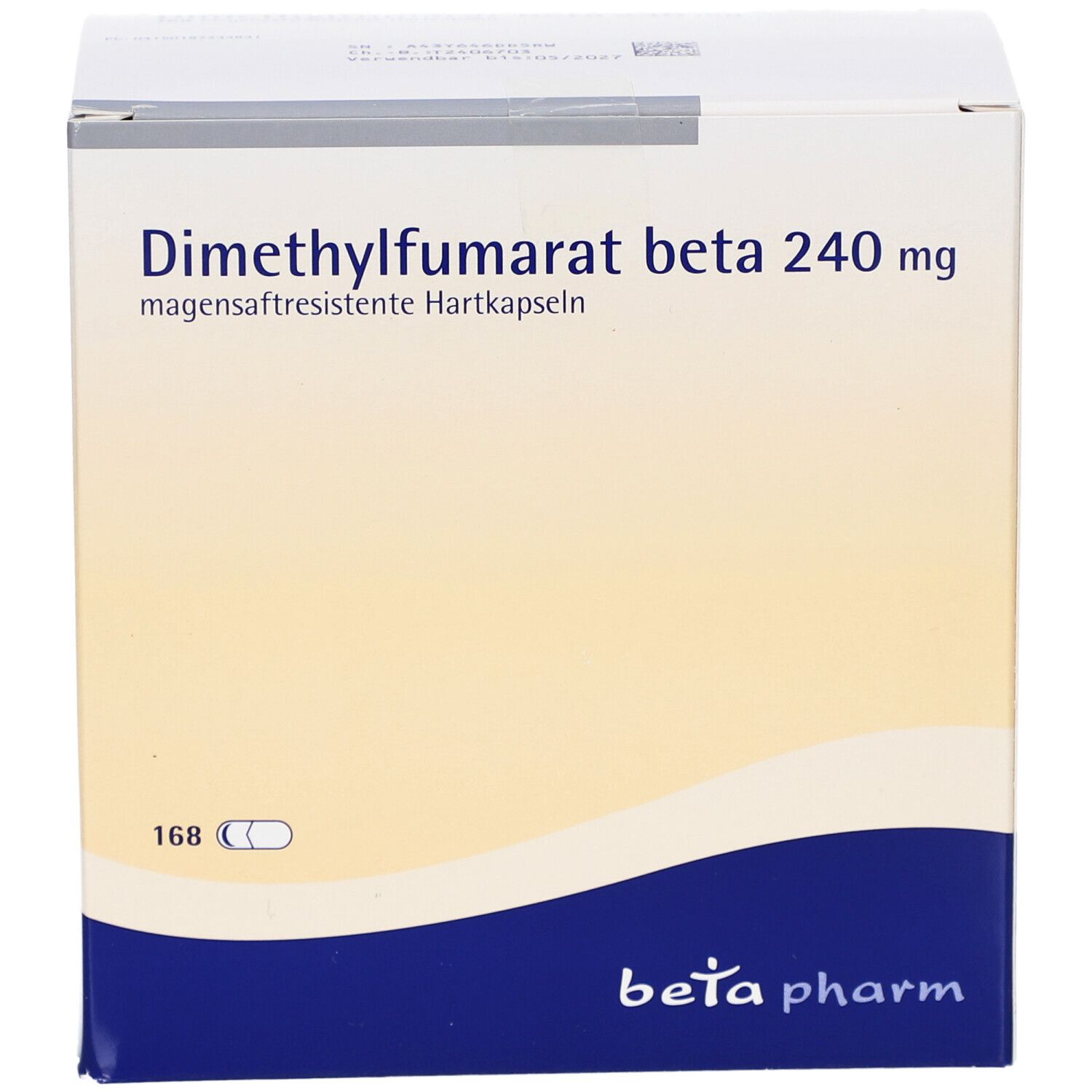 Weißer Karton mit Aufschrift: Dimethylfumarat beta 240 mg. Marke: beta pharm. 168 Hartkapseln.