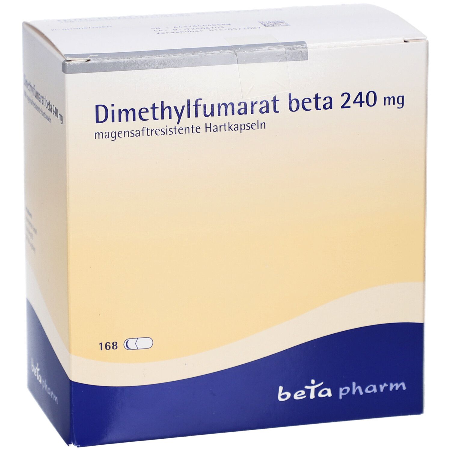 Weißer Karton mit Aufschrift: Dimethylfumarat beta 240 mg. Marke: beta pharm. 168 Hartkapseln.