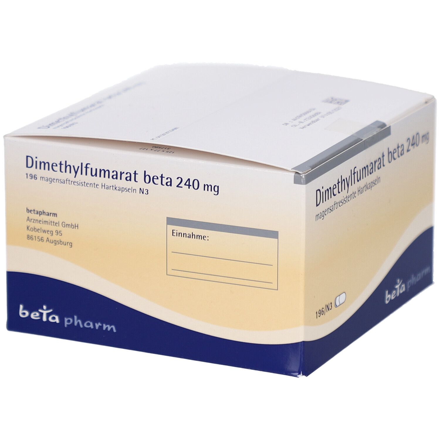 Weiß-blaue Faltschachtel mit Produktaufdruck. Beschriftung: Dimethylfumarat beta 240 mg. Logo: beta pharm. Adressangaben und Einnahmehinweis.