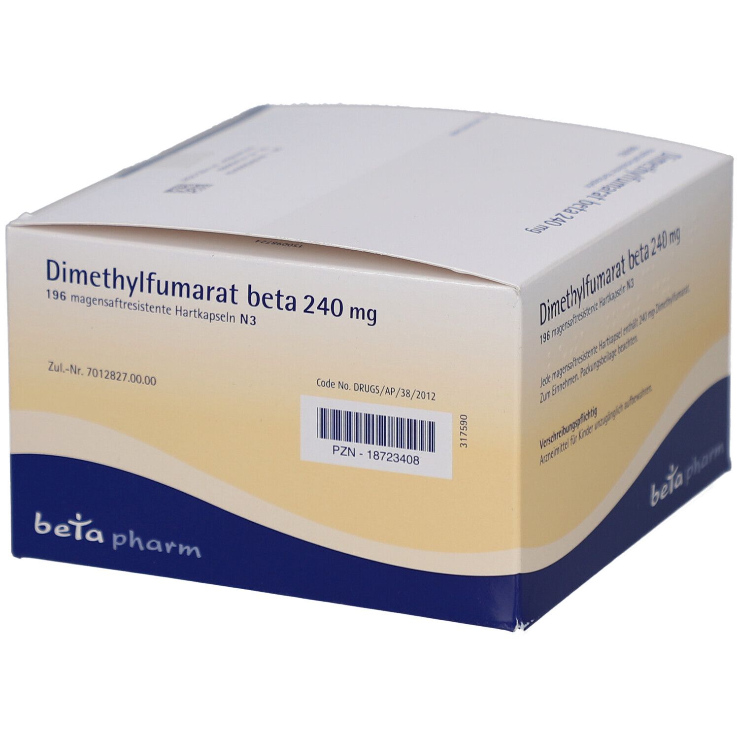 Weiß-blaue Faltschachtel mit Produktaufdruck. Beschriftung: Dimethylfumarat beta 240 mg. Logo: beta pharm. Barcode und PZN-Nummer.