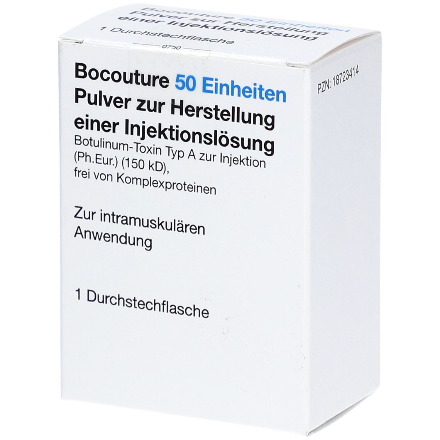 Weiße Faltschachtel mit blauer Schrift. Aufschrift: Bocouture 50 Einheiten Pulver zur Herstellung einer Injektionslösung. PZN: 18723414.