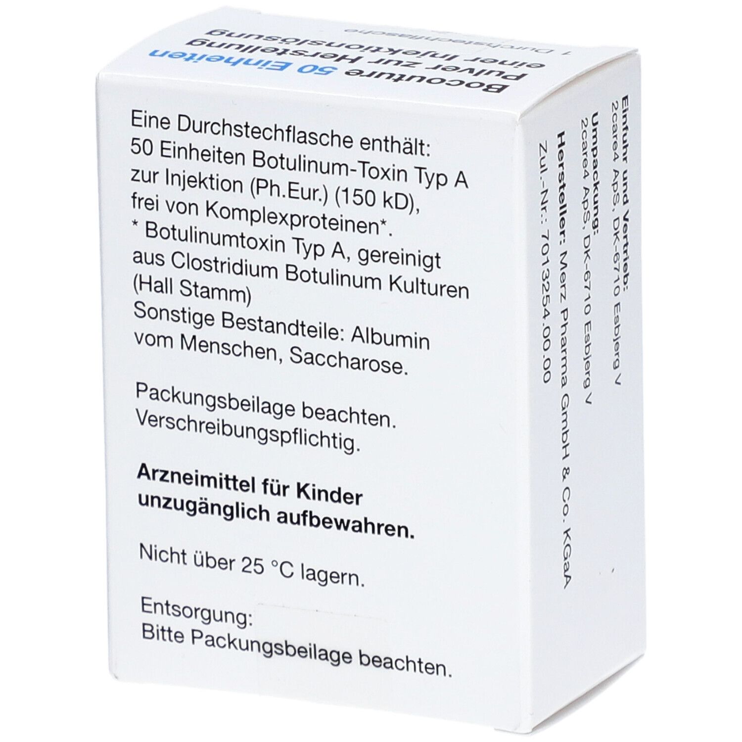 Weiße Faltschachtel mit Text. Aufschrift: Bocouture 50 Einheiten Botulinum-Toxin Typ A zur Injektion. Enthält 50 Einheiten. Arzneimittel für Kinder unzugänglich aufbewahren.