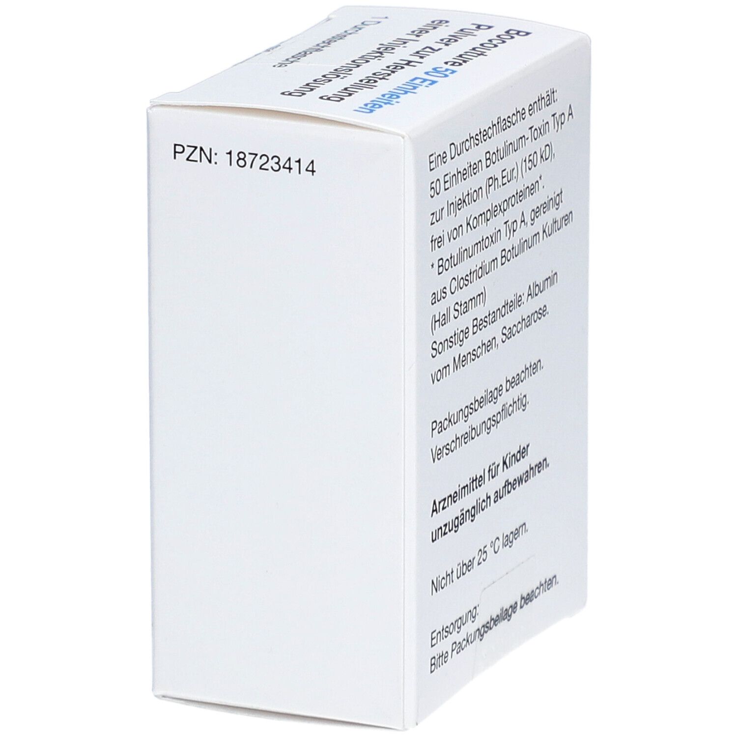 Weiße Faltschachtel mit Text. Aufschrift: Bocouture 50 Einheiten Botulinum-Toxin Typ A zur Injektion. PZN: 18723414. Arzneimittel für Kinder unzugänglich aufbewahren.
