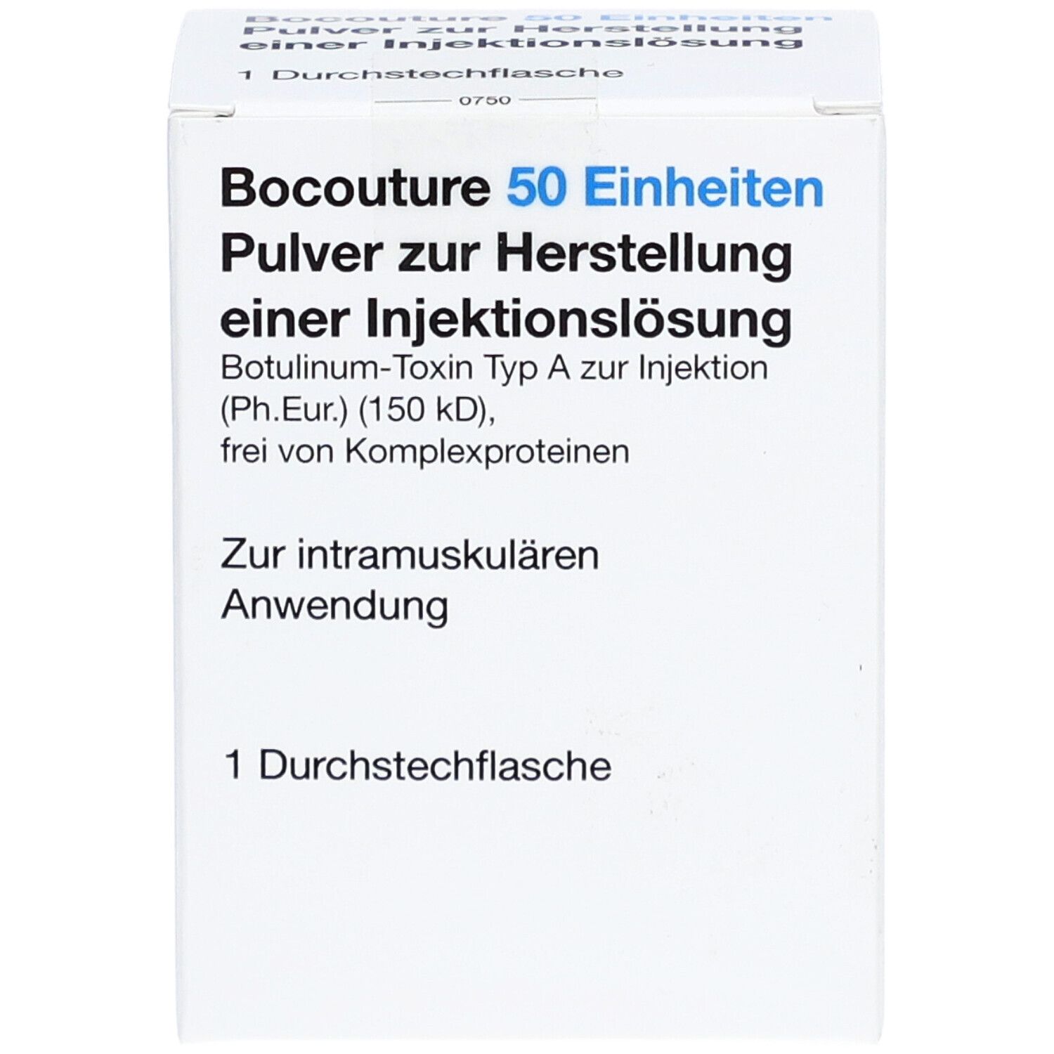 Weiße Faltschachtel mit blauer Schrift. Aufschrift: Bocouture 50 Einheiten Pulver zur Herstellung einer Injektionslösung. 1 Durchstechflasche.