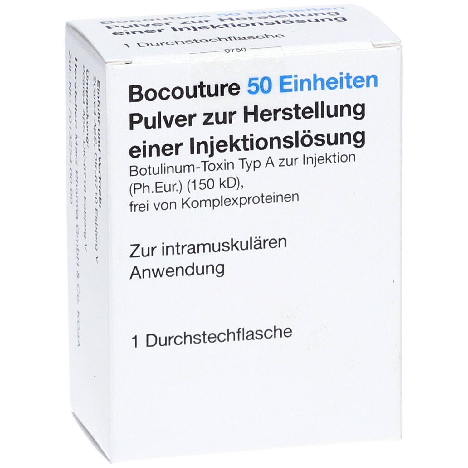 Weiße Faltschachtel mit blauer Schrift. Aufschrift: Bocouture 50 Einheiten Pulver zur Herstellung einer Injektionslösung. 1 Durchstechflasche.