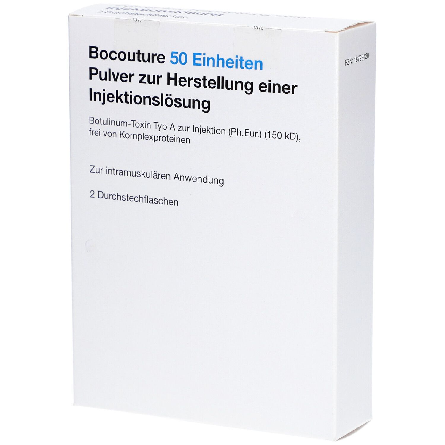 Weiße Faltschachtel mit blauer und schwarzer Schrift. Aufschrift: BOCOUTURE 50 Einheiten Pulver zur Herstellung einer Injektionslösung.