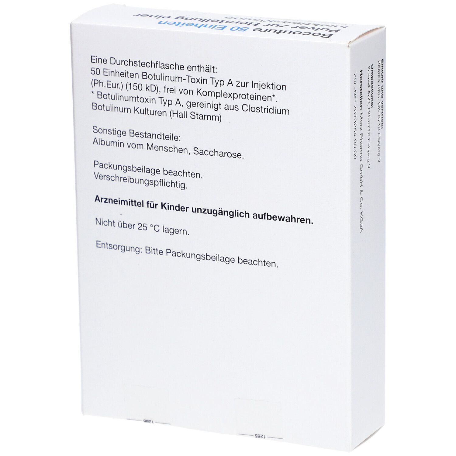 Weiße Faltschachtel, Rückseite. Text: Eine Durchstechflasche enthält 50 Einheiten Botulinum-Toxin Typ A. Weitere Informationen.