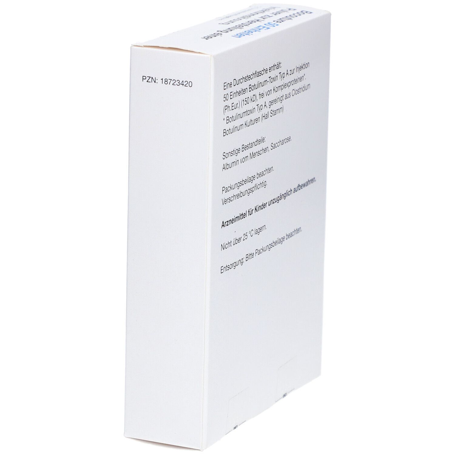 Weiße Faltschachtel, Seitenansicht. Text: PZN: 18723420. Weitere Informationen zur Zusammensetzung und Lagerung.