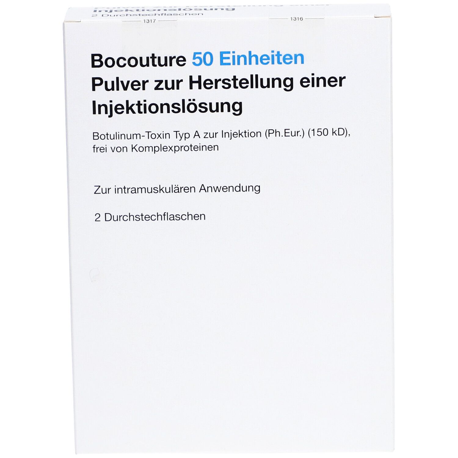 Weiße Faltschachtel mit blauer und schwarzer Schrift. Aufschrift: BOCOUTURE 50 Einheiten Pulver zur Herstellung einer Injektionslösung.