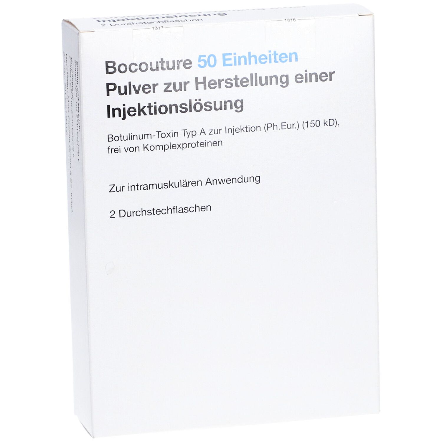 Weiße Faltschachtel mit blauer und schwarzer Schrift. Aufschrift: BOCOUTURE 50 Einheiten Pulver zur Herstellung einer Injektionslösung.