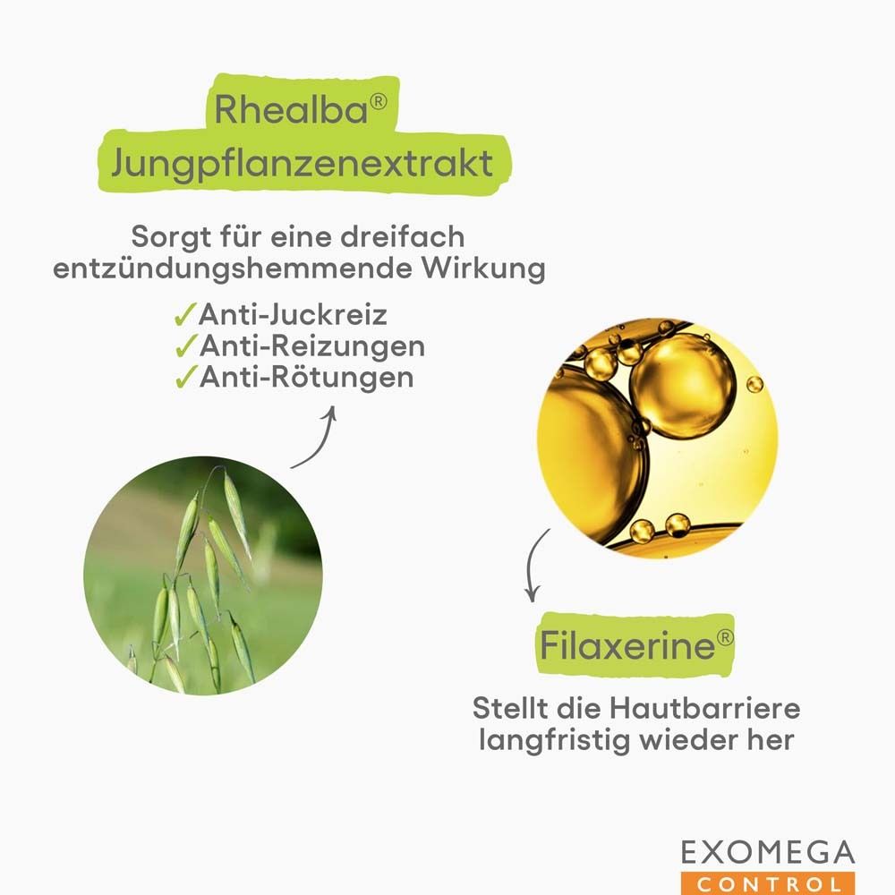 Grafik: Rhealba Jungpflanzenextrakt und Filaxerine. Text: Anti-Juckreiz, Anti-Reizungen, Anti-Rötungen. Stellt die Hautbarriere wieder her.